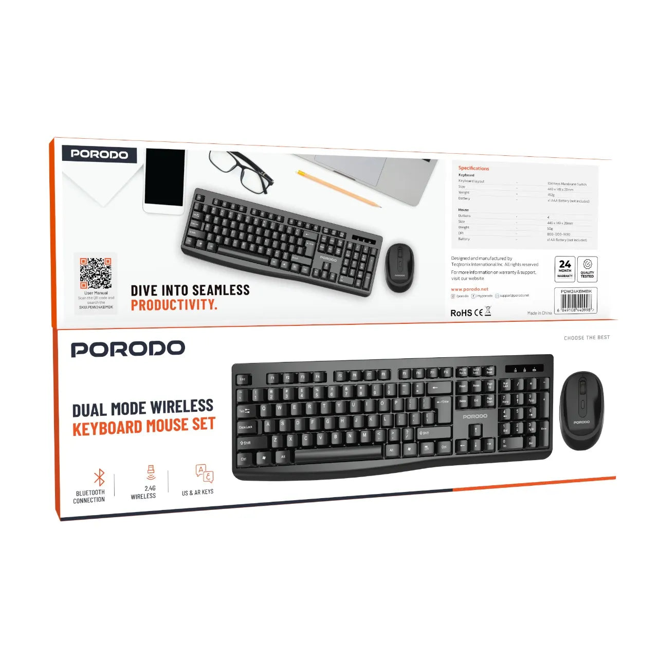 Porodo Dual Mode Wireless Keyboard Mouse Set Bluetooth & 2.4GHz Full Size Combo for PC & Laptop