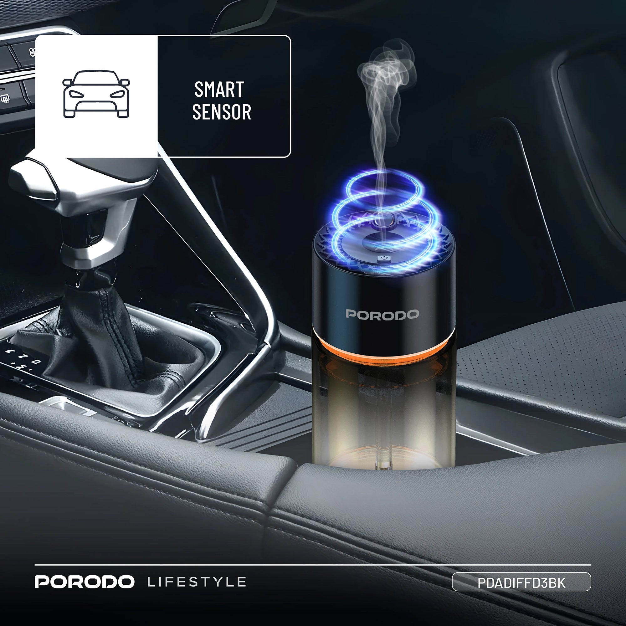 Valencia Smart Aroma Diffuser 120ML with RGB Ambient Light Car Air Freshener – Black - Porodo