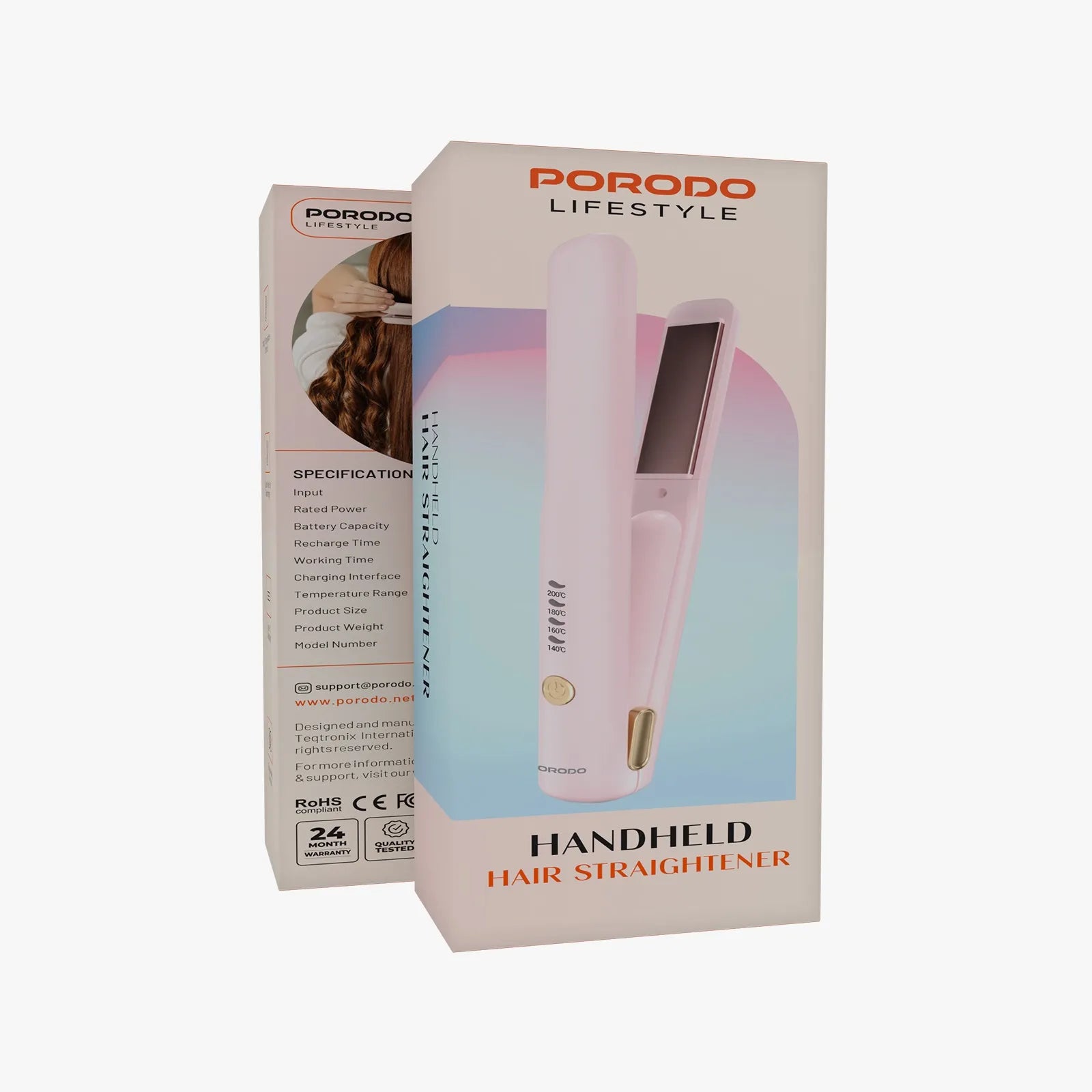 مكواة شعر محمولة لاسلكية ببطارية 2600mAh وحرارة قابلة للتعديل – بورودو Porodo Hair Straightener Pink