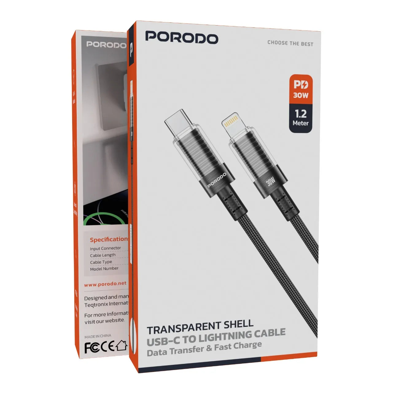 Braided USB-C to Lightning Fast Charging Cable 60W Transparent Head 1.2M – Porodo