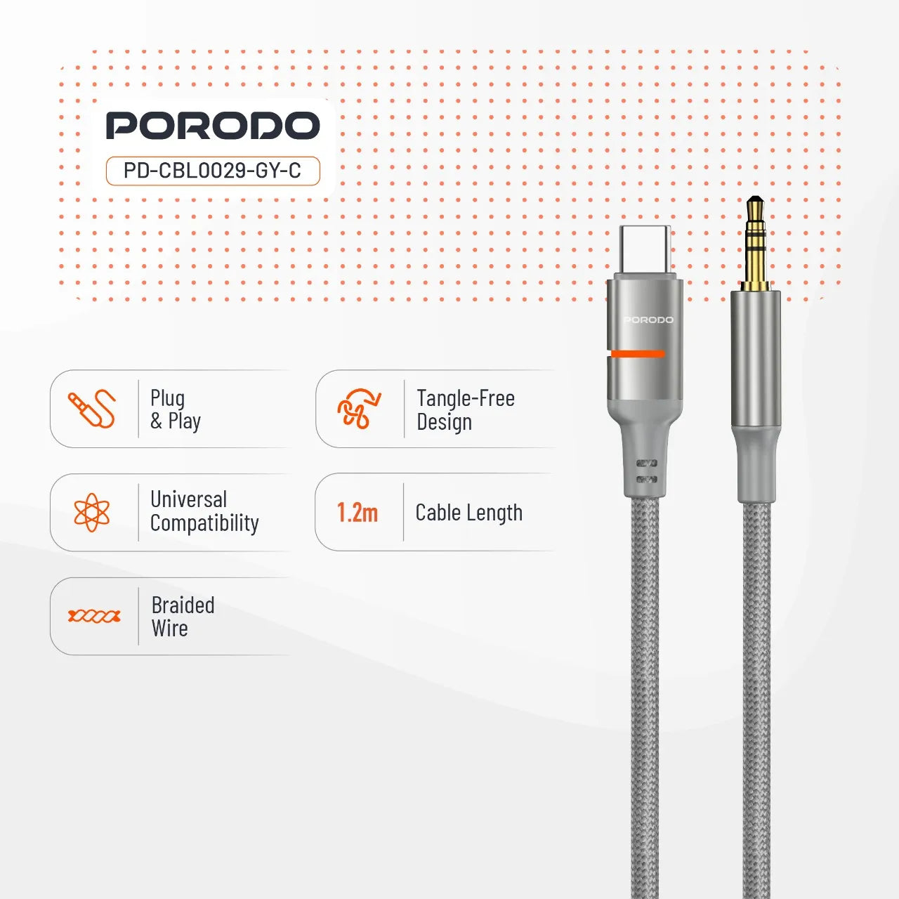 Porodo USB2.0 Lightning to 3.5mm Braided Audio Cable 1.2M - Grey
