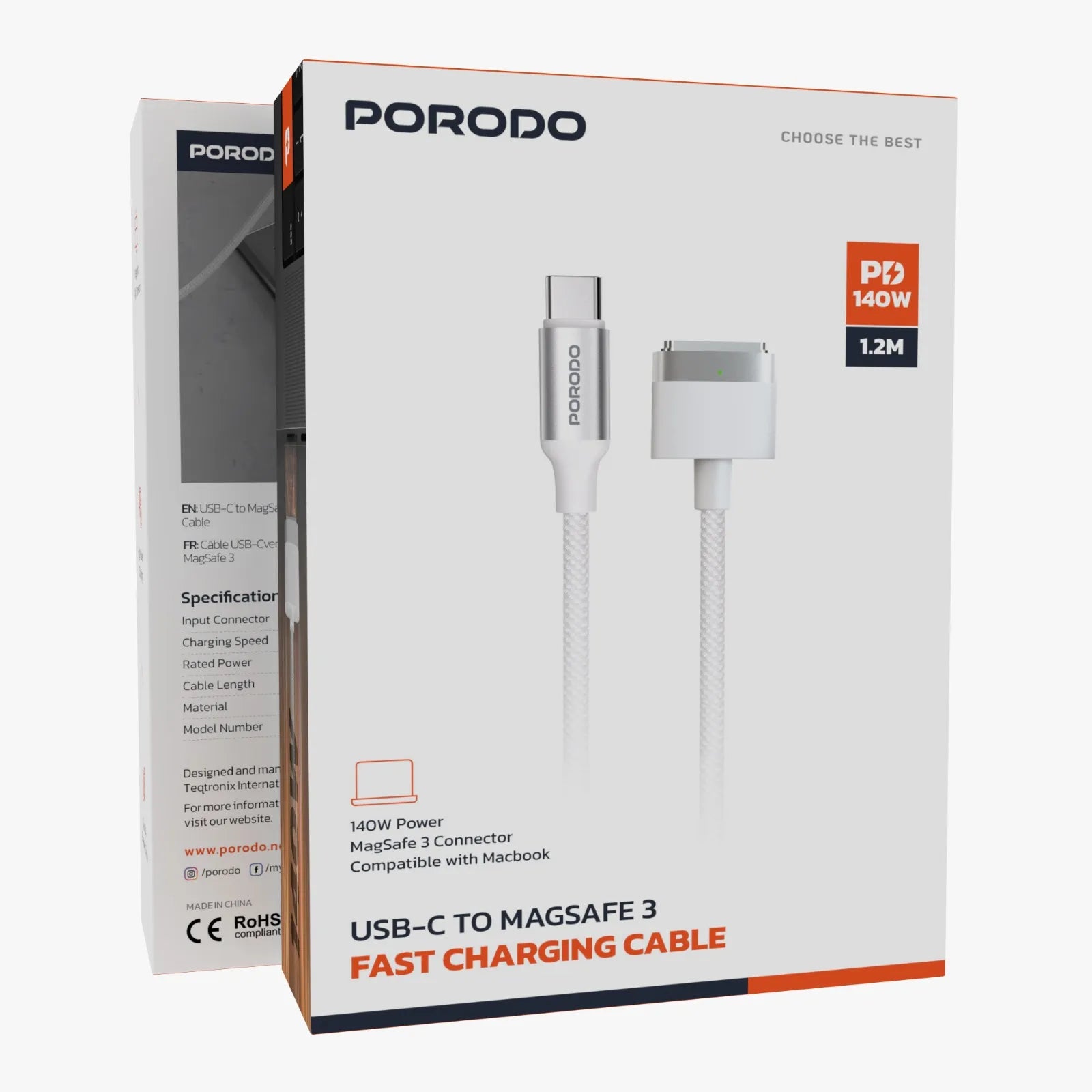 USB-C to MagSafe 3 Fast Charging Cable 140W 1.2M for MacBook – White - Porodo