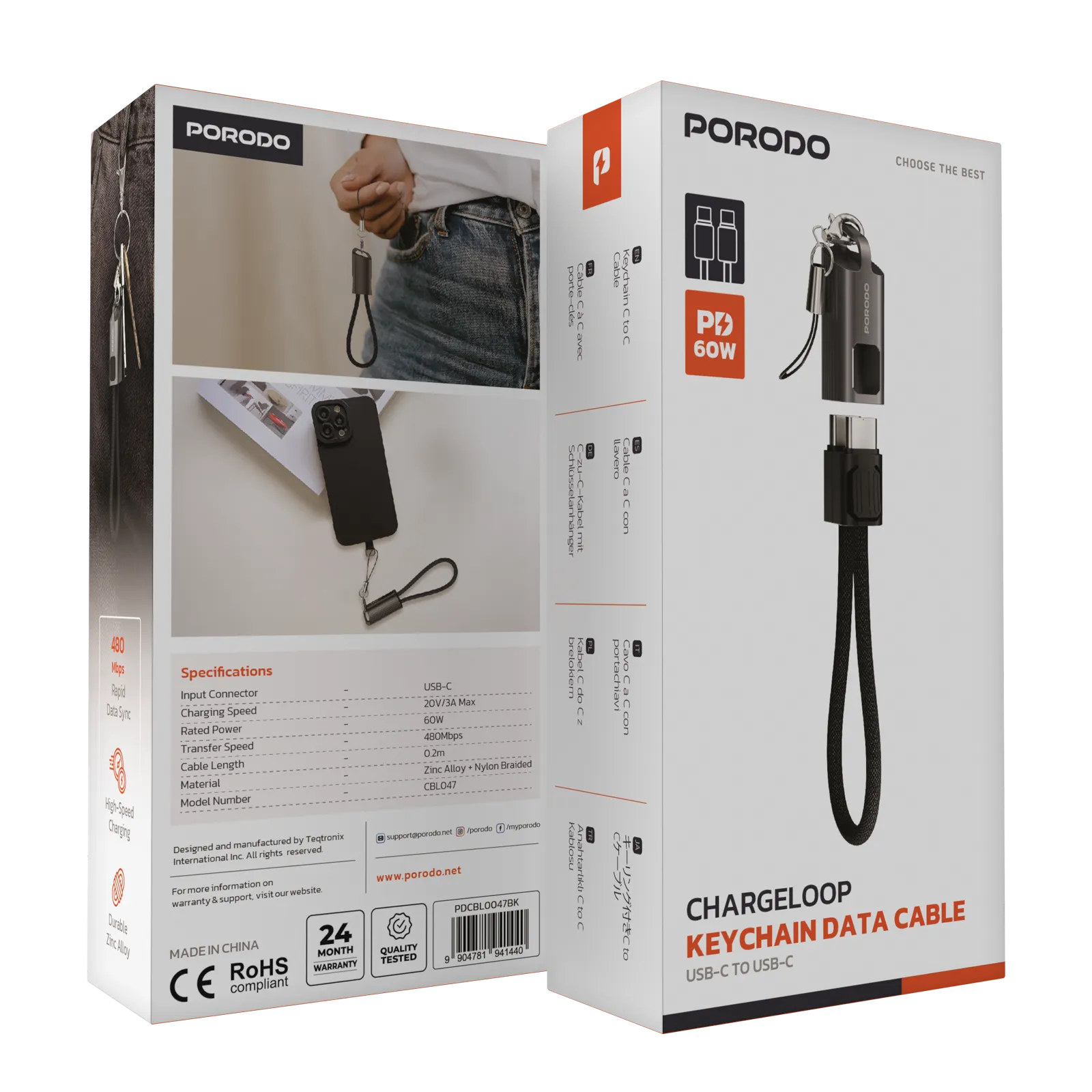 ChargeLoop Keychain USB-C to USB-C Cable 60W Fast Charging Zinc Alloy – Black - Porodo