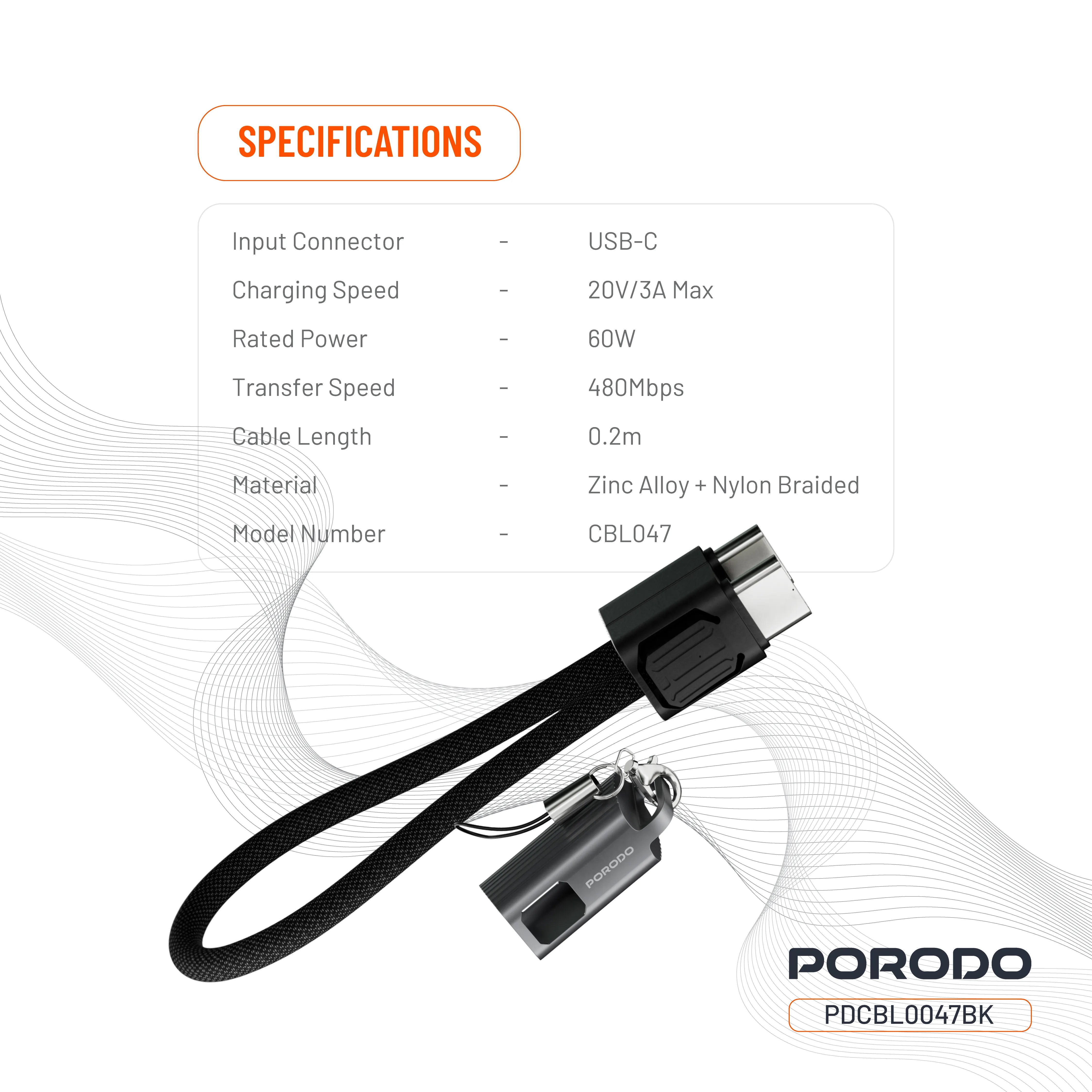 كابل بورودو ChargeLoop ميدالية مفاتيح USB-C إلى USB-C شحن سريع 60 واط – أسود