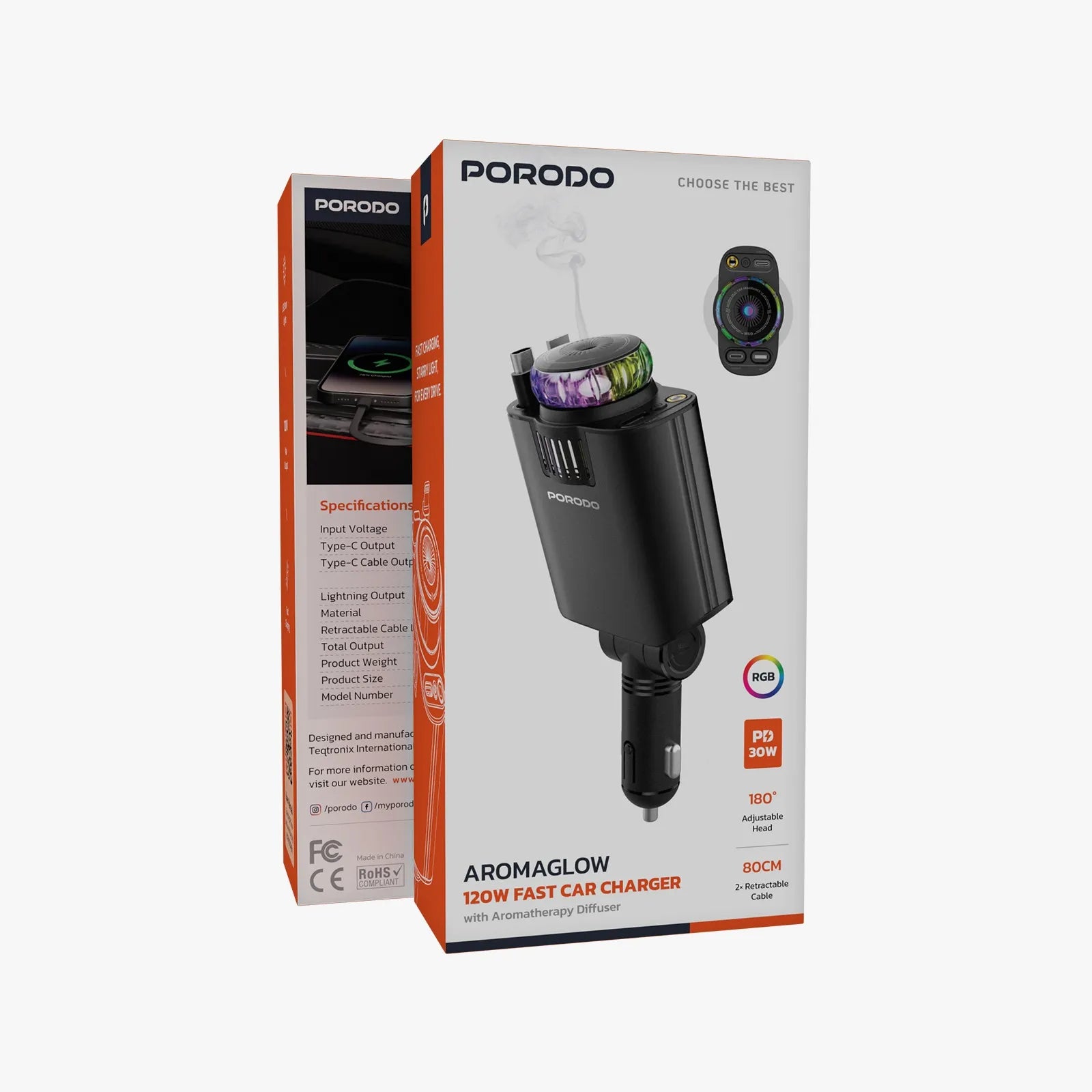 Fast Car Charger 120W with Aroma Diffuser & RGB Lighting, Dual Charging Ports – Porodo