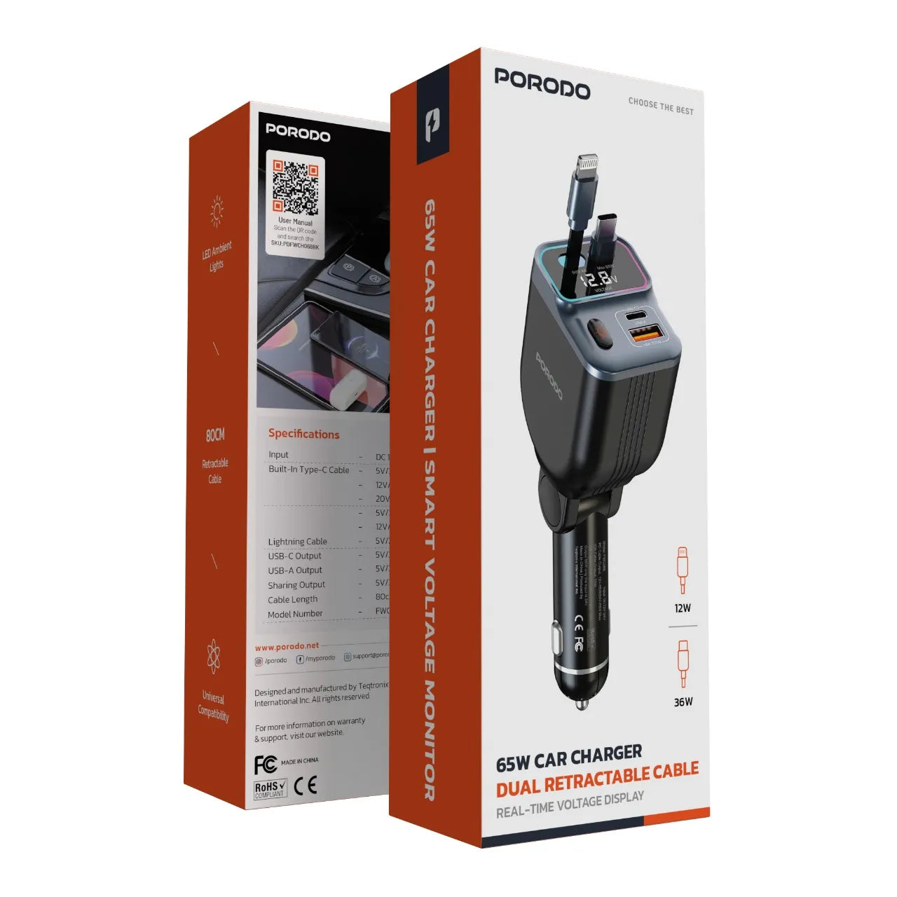 65W Smart Car Charger Dual Retractable Cable with USB-A & Type-C Ports and LED Ambient Light-Porodo