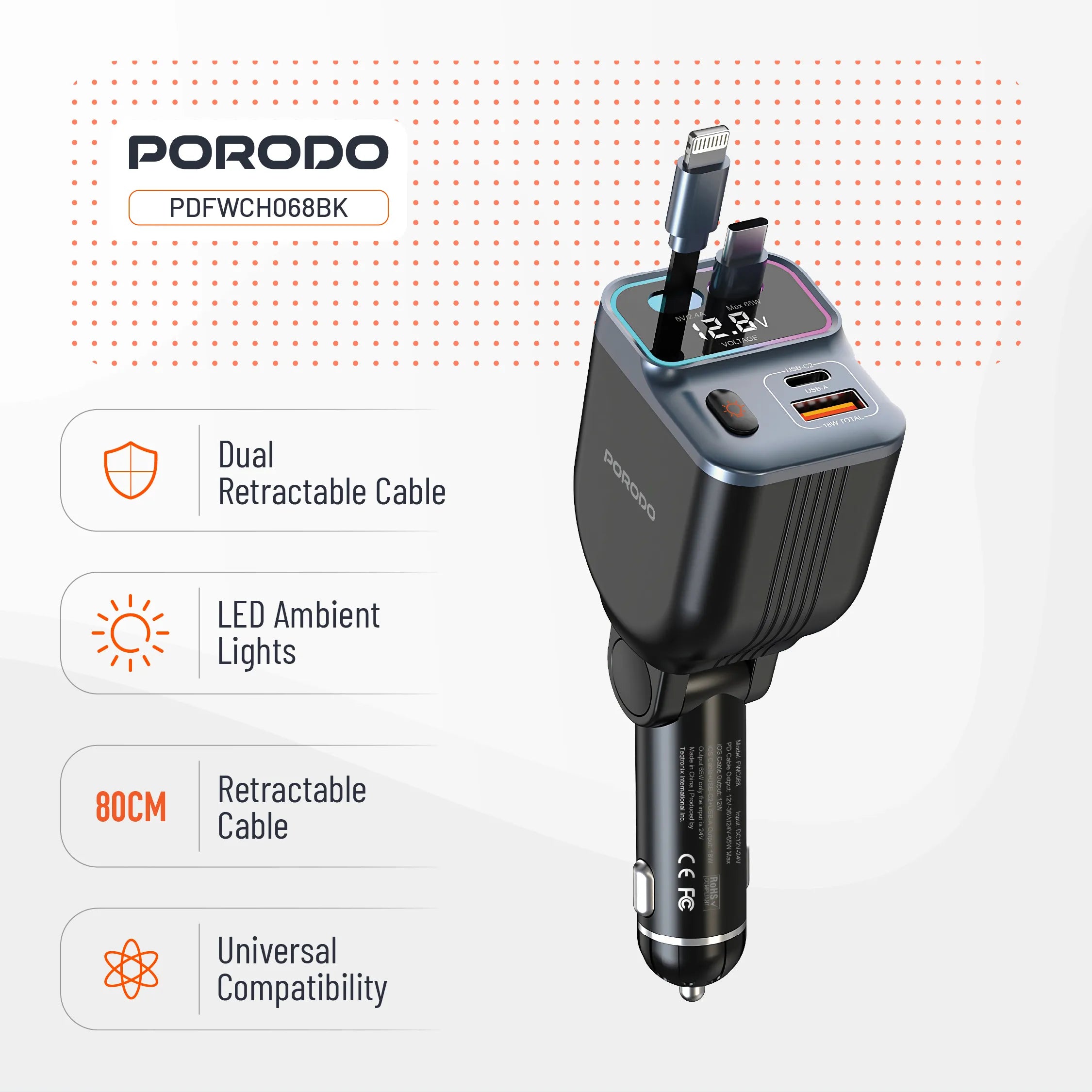 Smart Car Charger 65W with Dual Retractable Cable, USB-A & Type-C Ports, LED Lights - Porodo