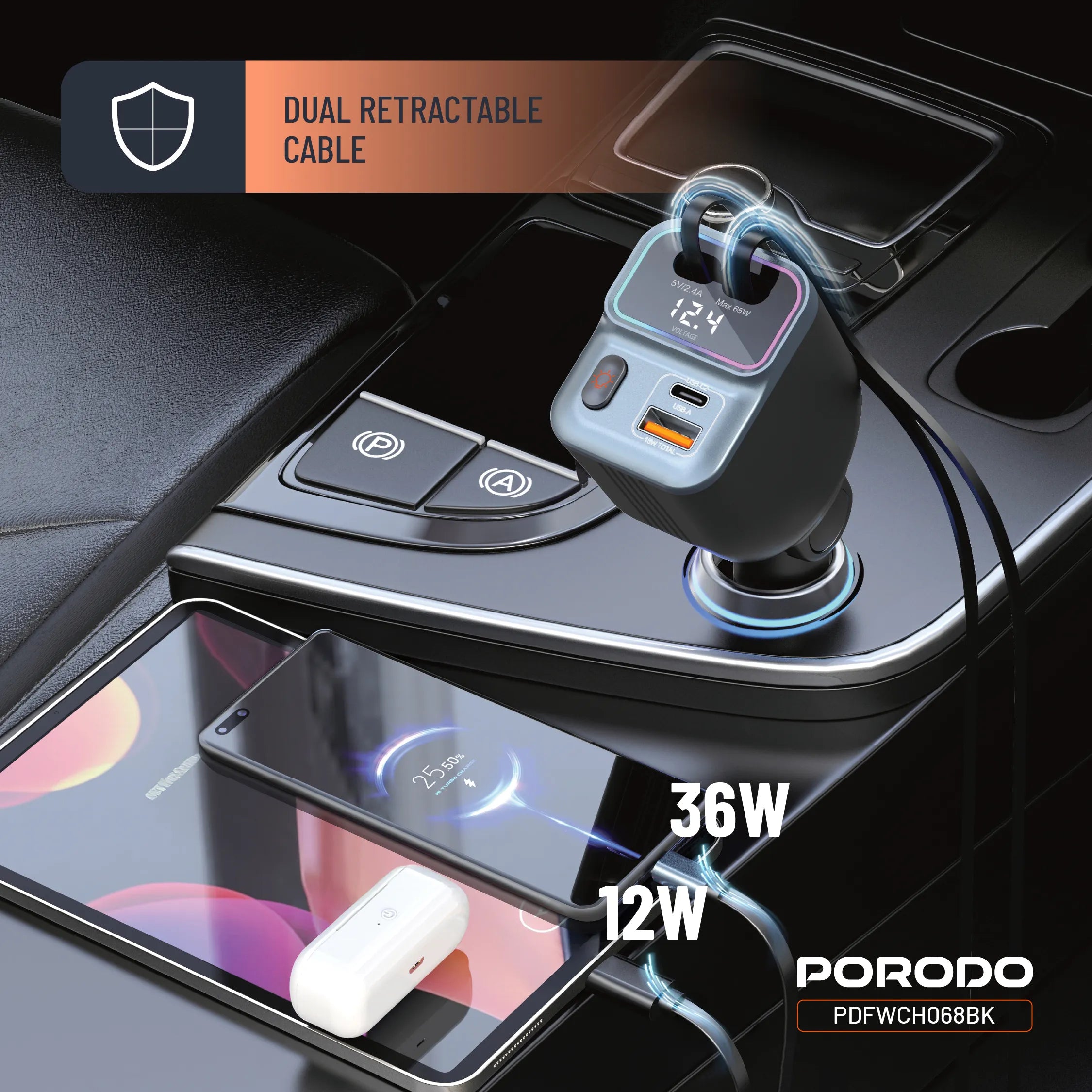 65W Smart Car Charger Dual Retractable Cable with USB-A & Type-C Ports and LED Ambient Light-Porodo