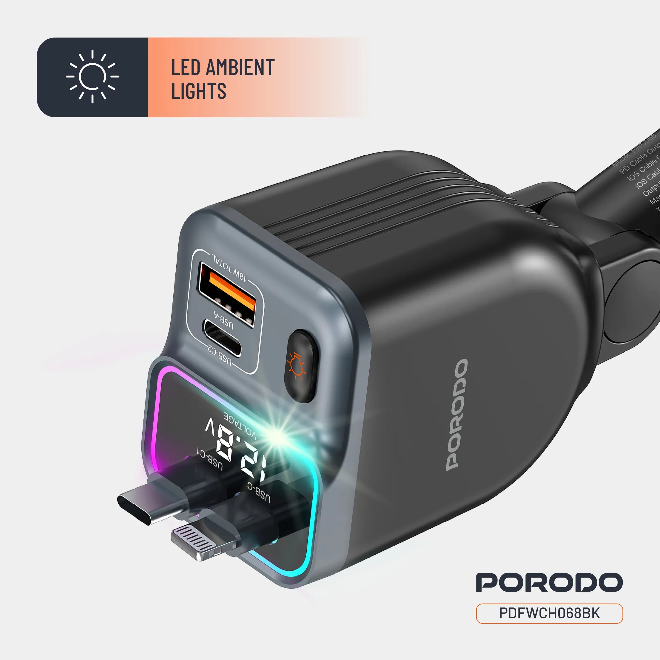Smart Car Charger 65W with Dual Retractable Cable, USB-A & Type-C Ports, LED Lights - Porodo