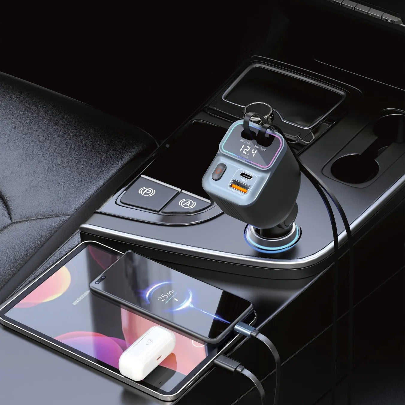 65W Smart Car Charger Dual Retractable Cable with USB-A & Type-C Ports and LED Ambient Light-Porodo