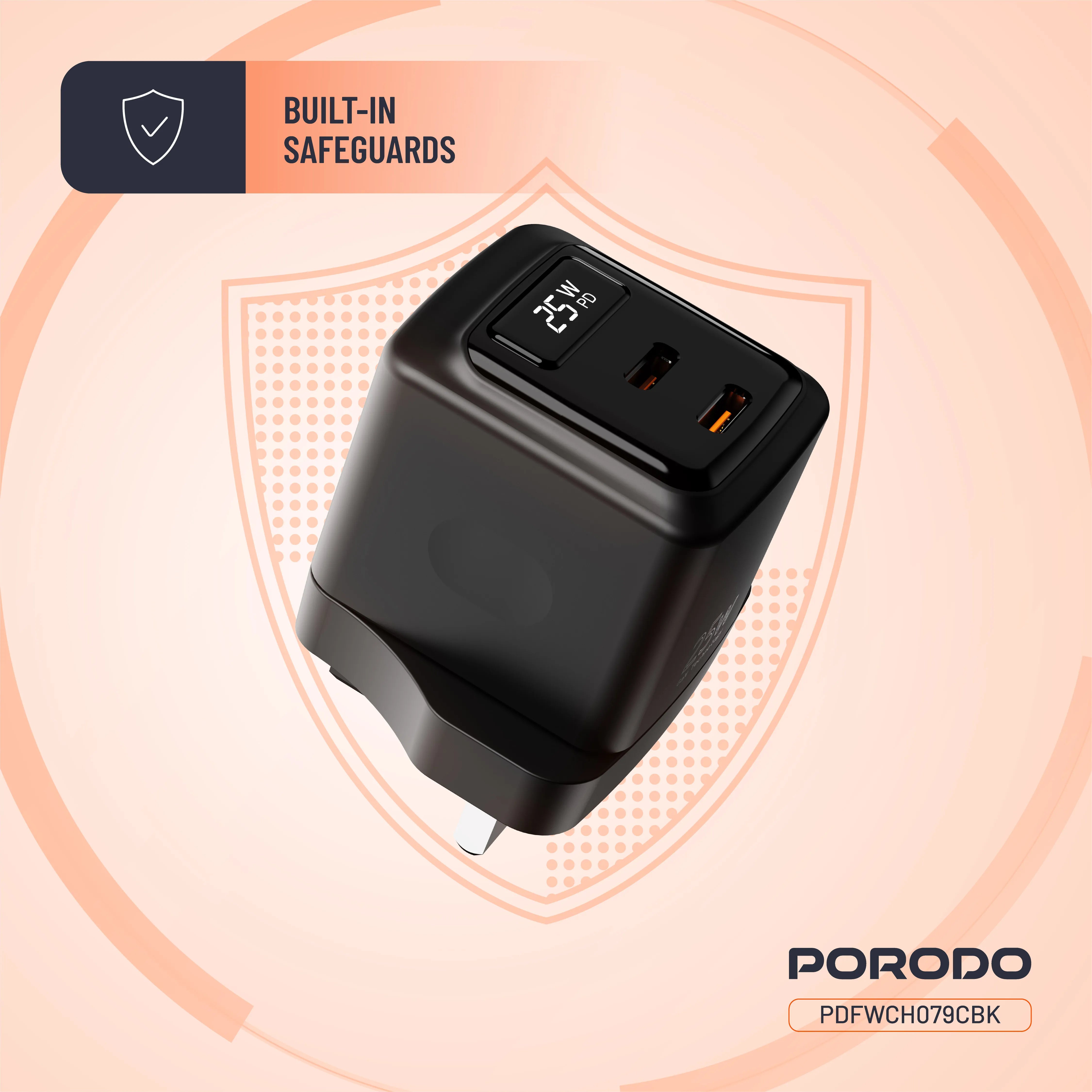 GaN 25W Dual USB-C Wall Charger with Real-Time Power Display Fast Charging Adapter – Black - Porodo