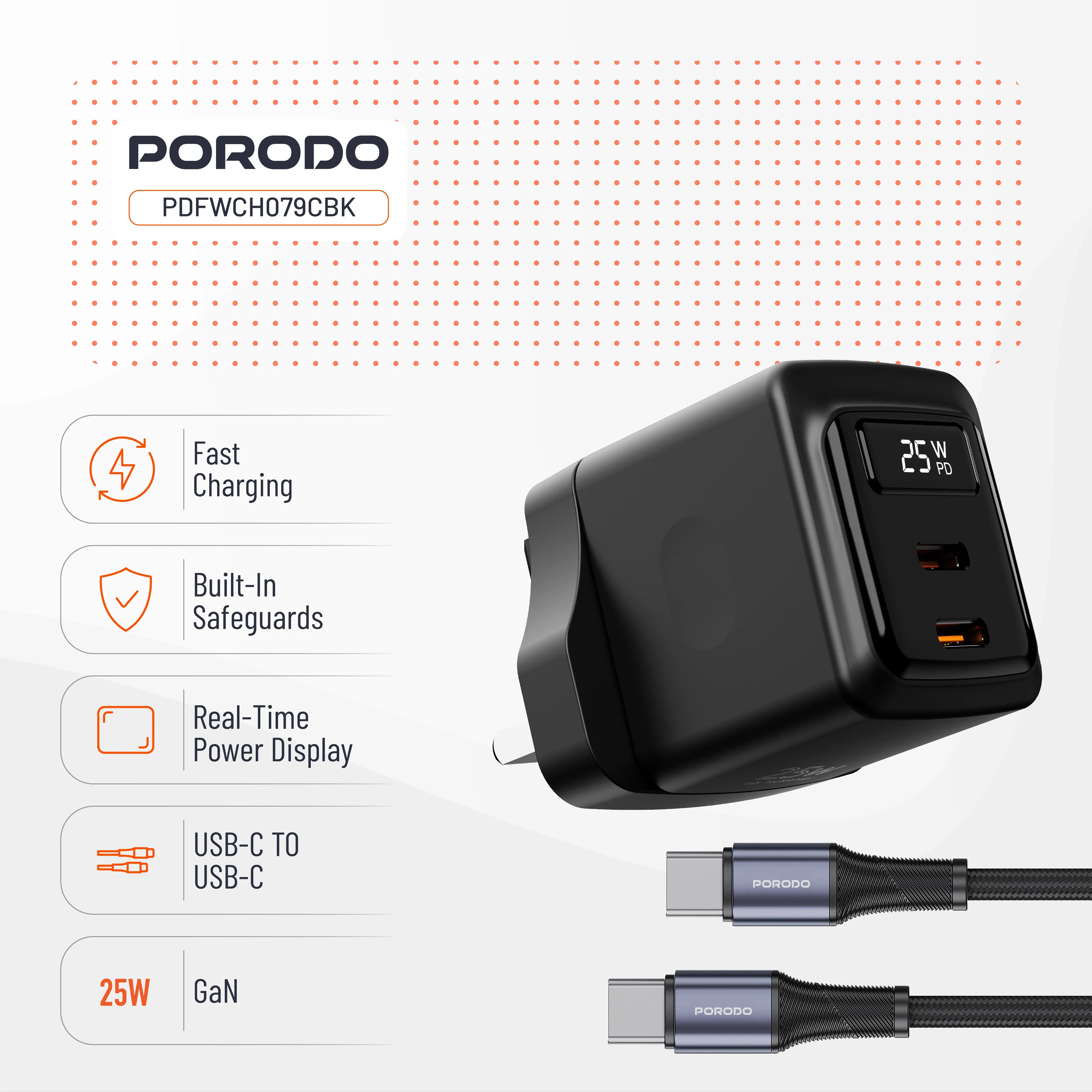 شاحن حائط بورودو GaN 25 واط بمنفذين USB-C مع شاشة عرض طاقة فورية – أسود