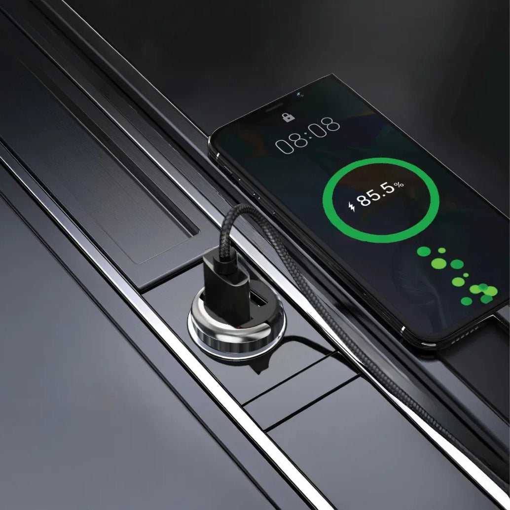 شاحن سيارة بورودو شفاف 36 واط بمنفذين USB-A وType-C مع دعم QC3.0 وكابل USB-C – أسود