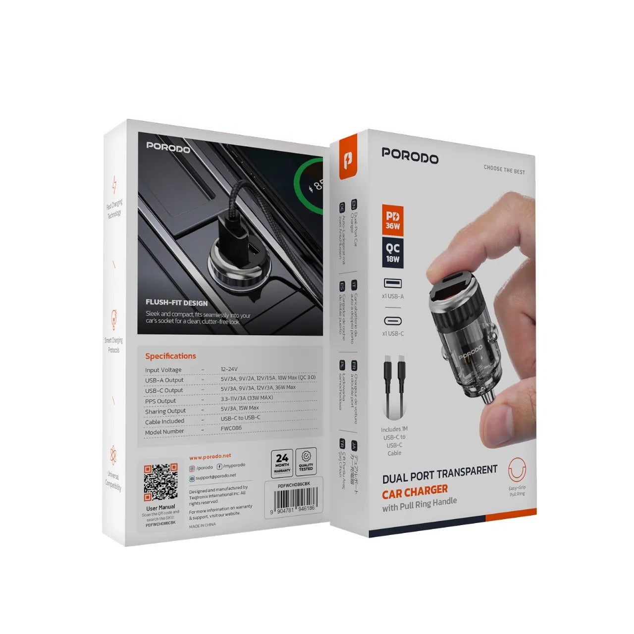 Dual Port Transparent Car Charger 36W QC3.0 Fast Charging with USB-C Cable – Black - Porodo