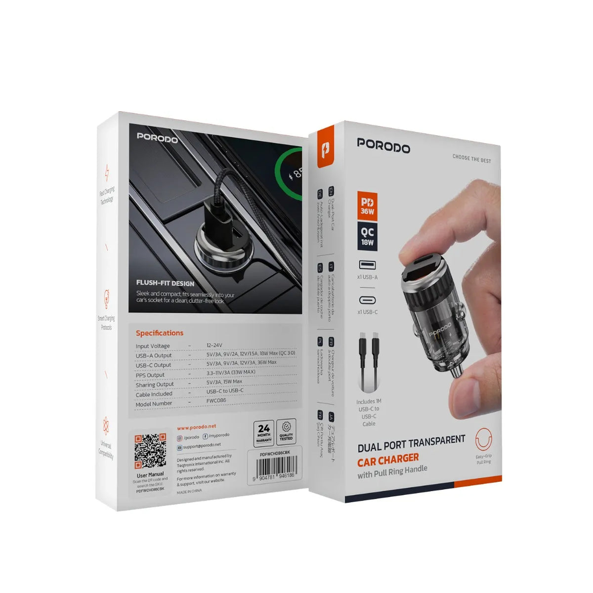 شاحن سيارة بورودو شفاف 36 واط بمنفذين USB-A وType-C مع دعم QC3.0 وكابل USB-C – أسود-2