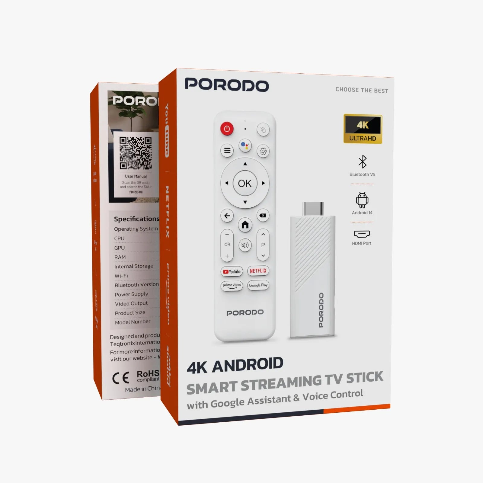 Porodo TV Stick 4K 2+16GB Android 14.0 - White