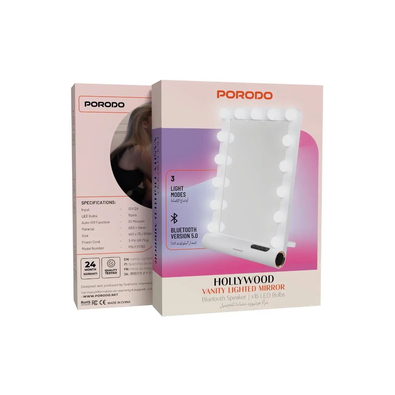 Porodo Hollywood Vanity Mirror with Bluetooth Speaker – 15 LED Lights, Smart Touch Control, 3 Light Modes