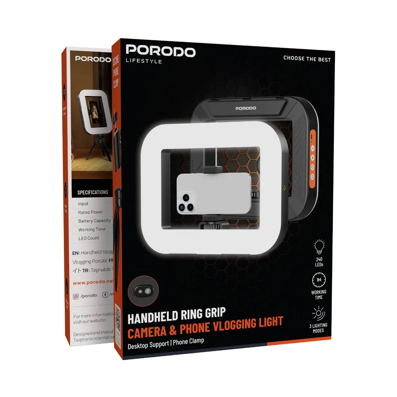 Porodo Lifestyle Vlogging Light with Tripod & Shutter Button - Black