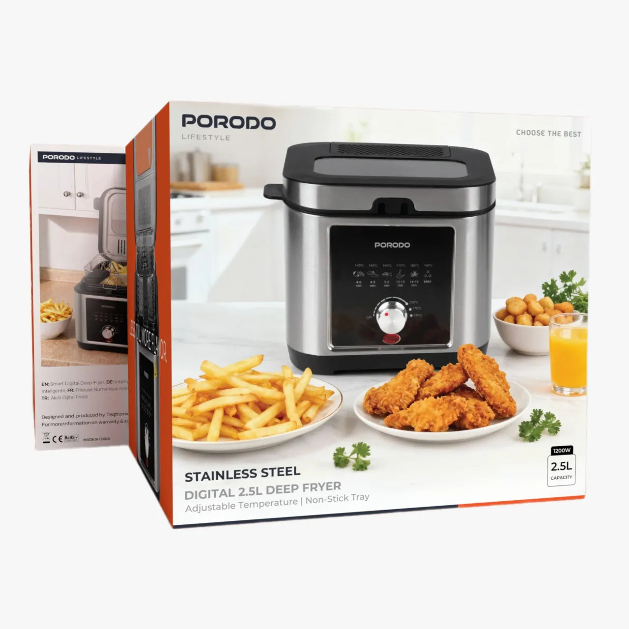Porodo 2.5L Stainless Steel Deep Fryer with Temperature Control Knob