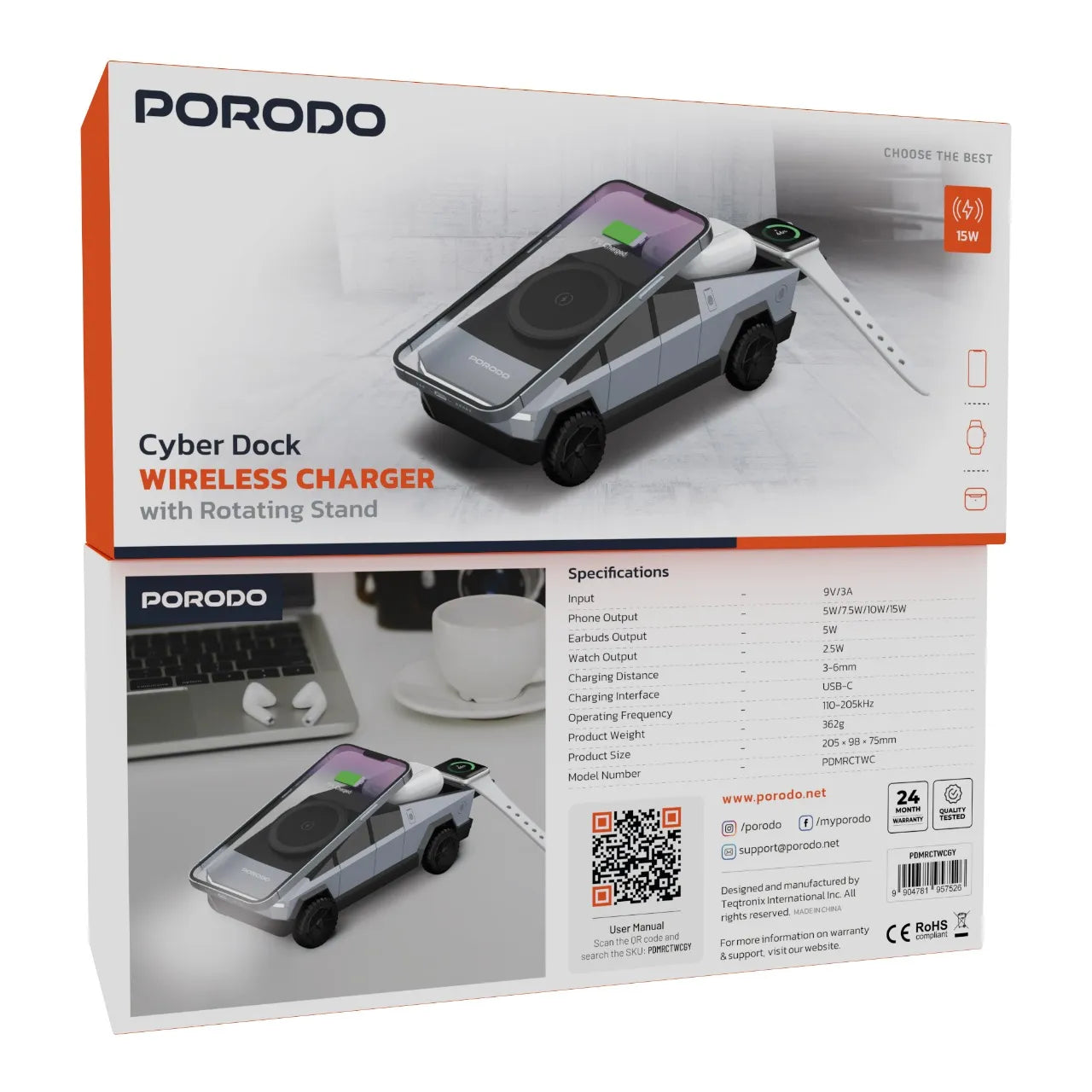 بورودو Cyber Dock شاحن لاسلكي 3 في 1 بقاعدة دوارة 15 واط