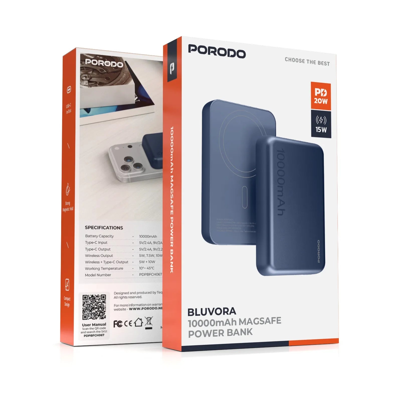 Porodo BLUVORA MagSafe Power Bank 10000mAh 20W PD + 15W Wireless - Blue