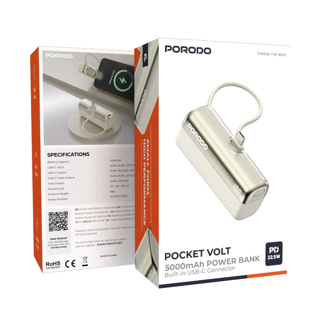 باور بانك بورودو Pocket Volt بسعة 5000mAh وشحن سريع 22.5 واط مع كابل Type-C مدمج – أبيض وأسود