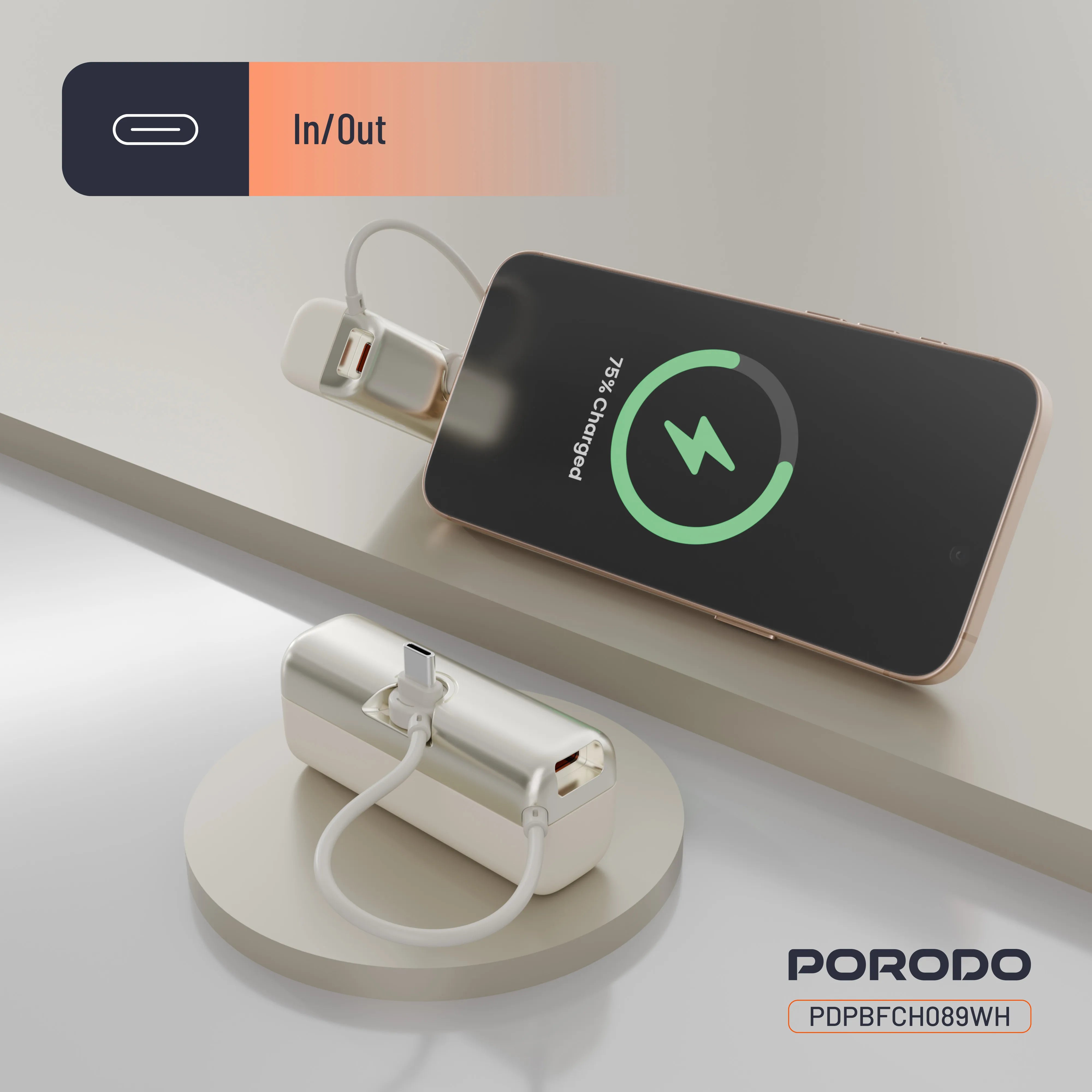 باور بانك بورودو Pocket Volt بسعة 5000mAh وشحن سريع 22.5 واط مع كابل Type-C مدمج – أبيض وأسود