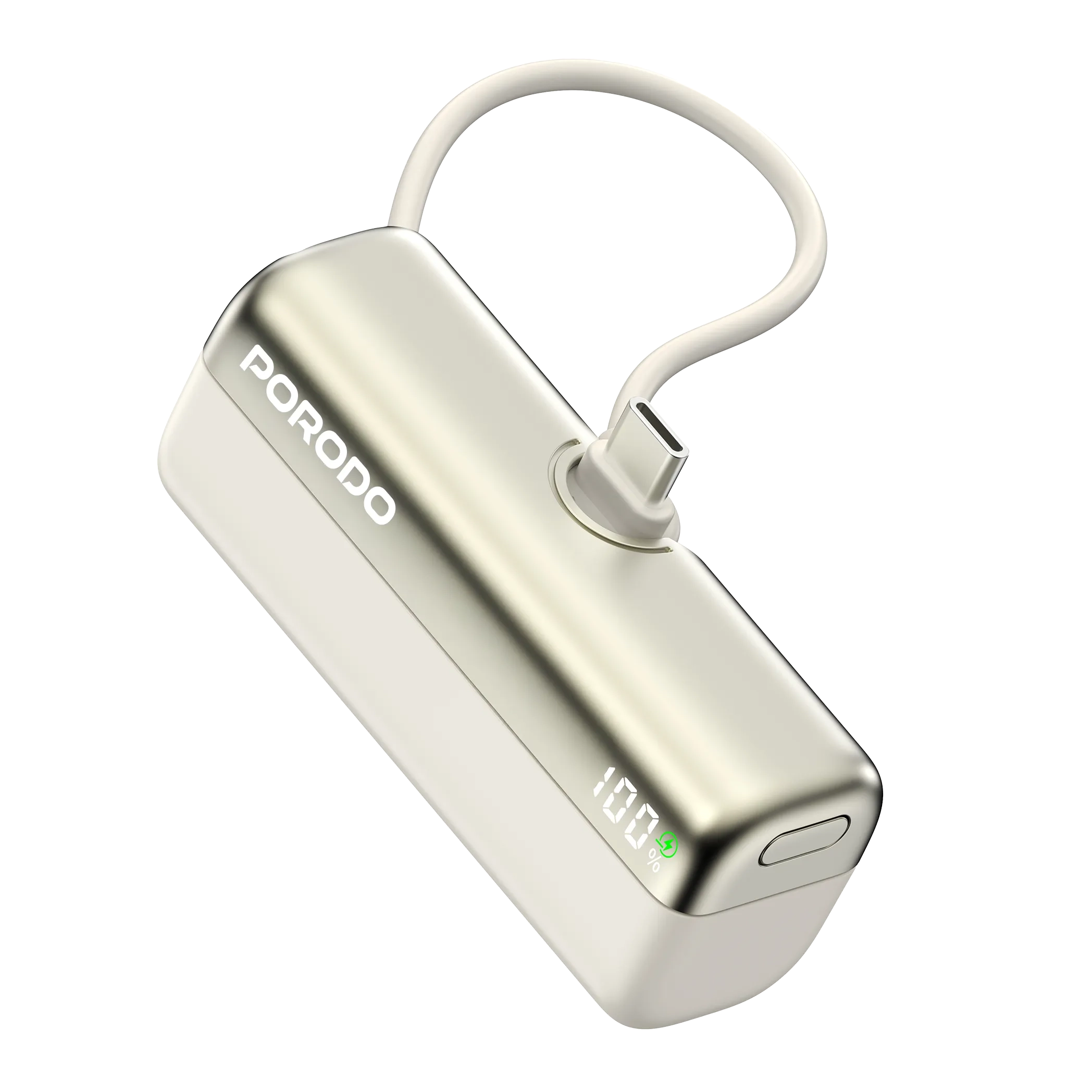 Pocket Volt Power Bank 5000mAh 22.5W Fast Charging Built-in Type-C Cable – White & Black - Porodo