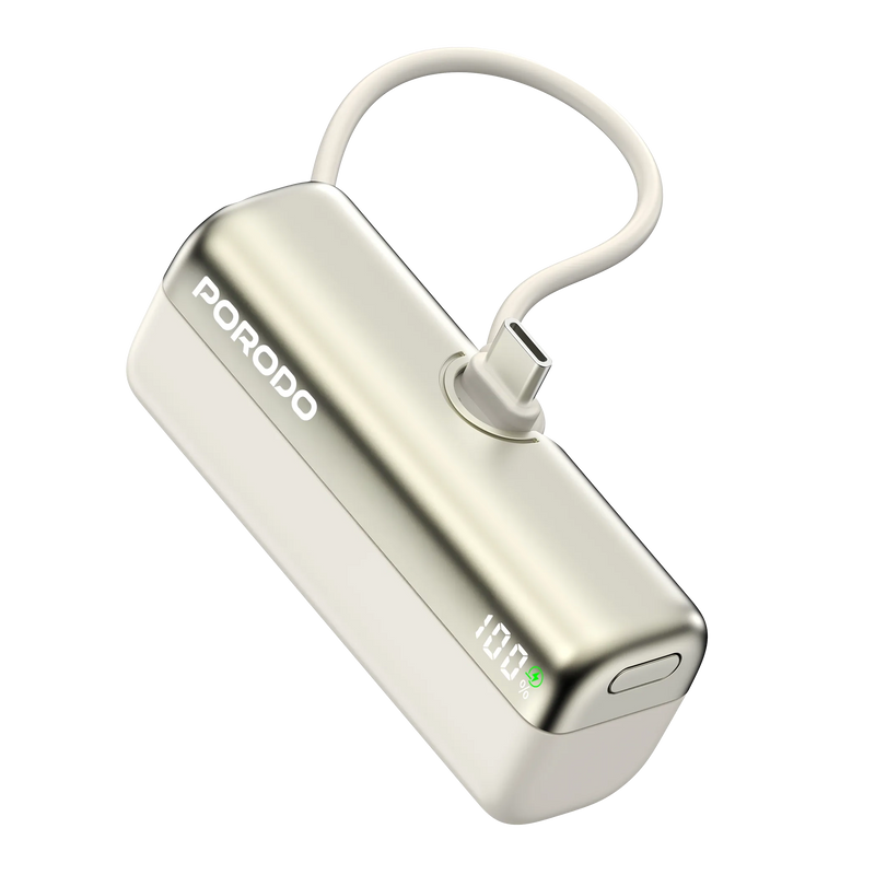 Pocket Volt Power Bank 5000mAh 22.5W Fast Charging Built-in Type-C Cable – White & Black - Porodo-1