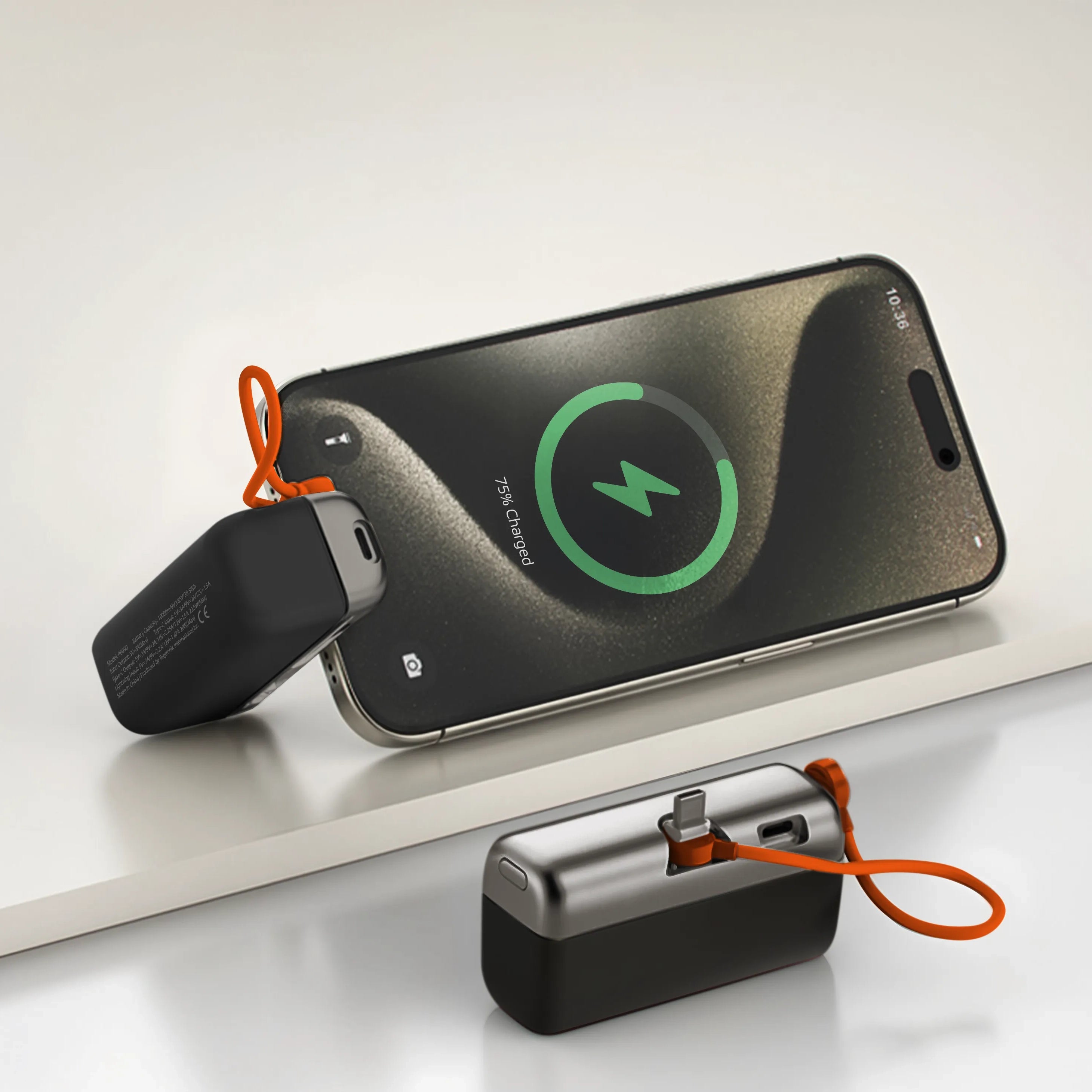باور بانك بورودو Pocket Volt بسعة 10000mAh وشحن سريع 22.5 واط مع كابل Type-C مدمج – أسود / أبيض