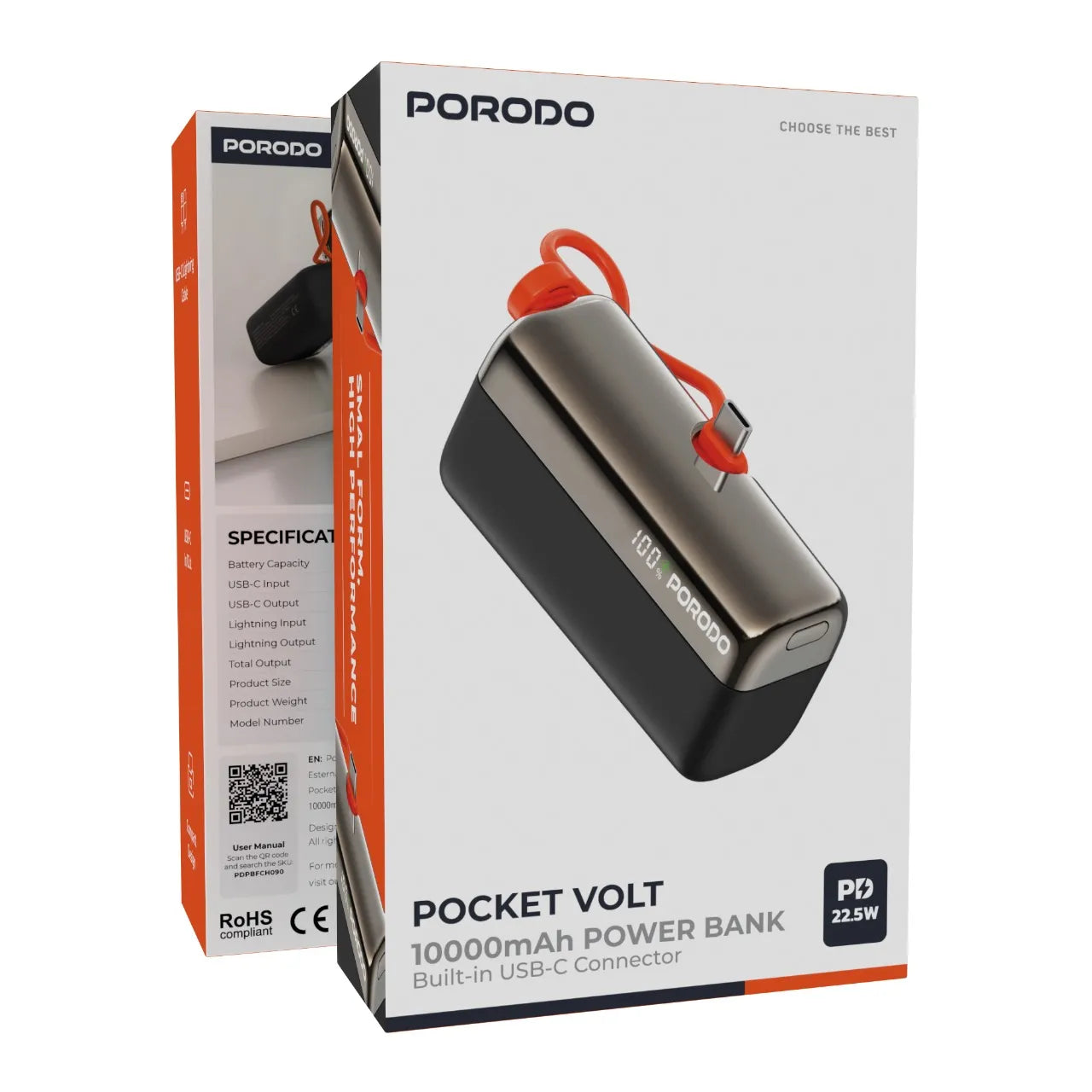 باور بانك بورودو Pocket Volt بسعة 10000mAh وشحن سريع 22.5 واط مع كابل Type-C مدمج – أسود / أبيض