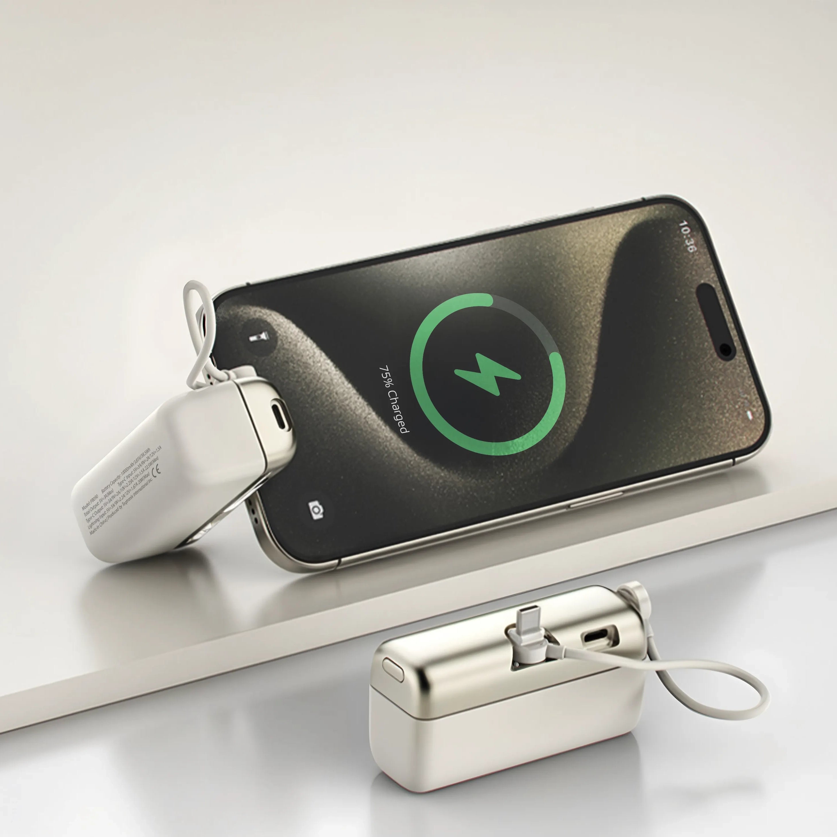 باور بانك بورودو Pocket Volt بسعة 10000mAh وشحن سريع 22.5 واط مع كابل Type-C مدمج – أسود / أبيض