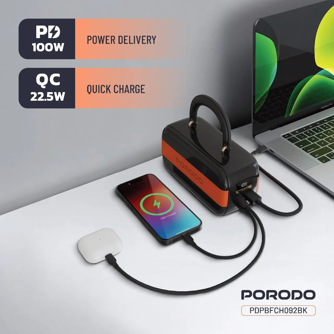 باور بانك بورودو Sway بسعة 60000mAh وشحن سريع 100 واط مع شاشة رقمية ومنافذ متعددة – أسود وبرتقالي