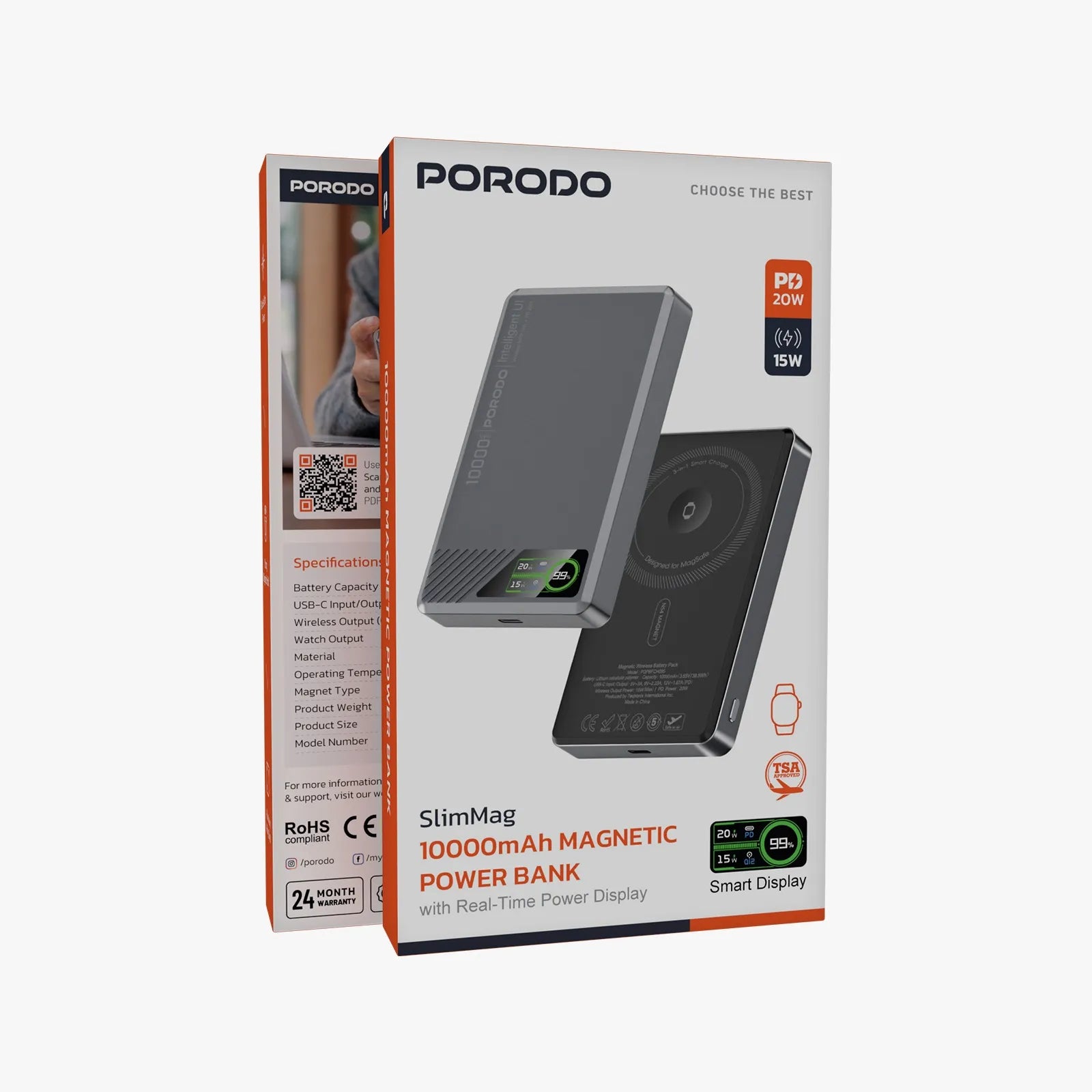 Porodo SlimMag 10000mAh Magnetic Wireless Power Bank with TFT Display 20W PD