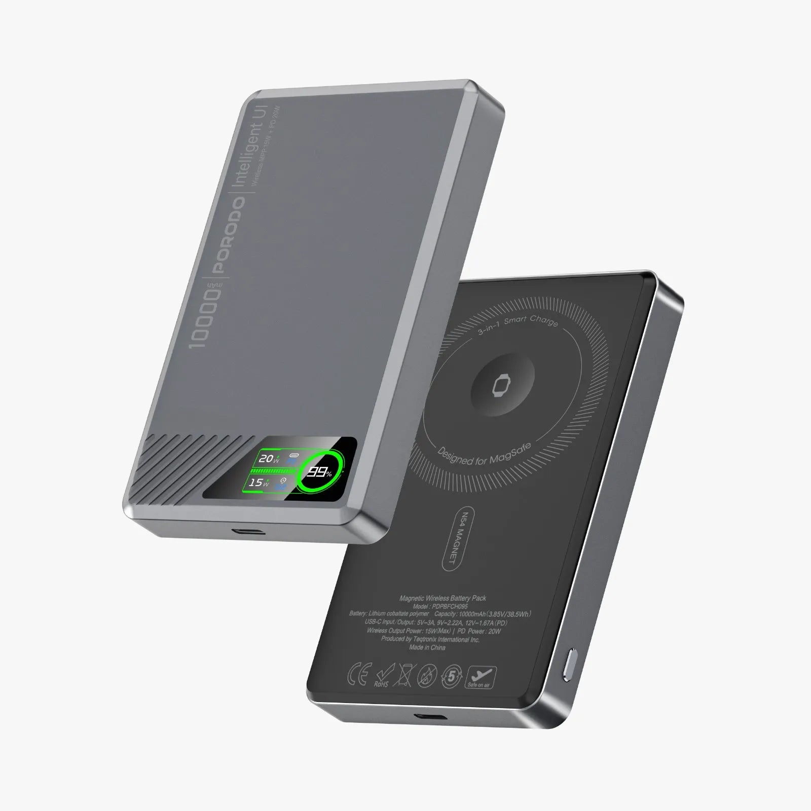 Porodo SlimMag 10000mAh Magnetic Wireless Power Bank with TFT Display 20W PD