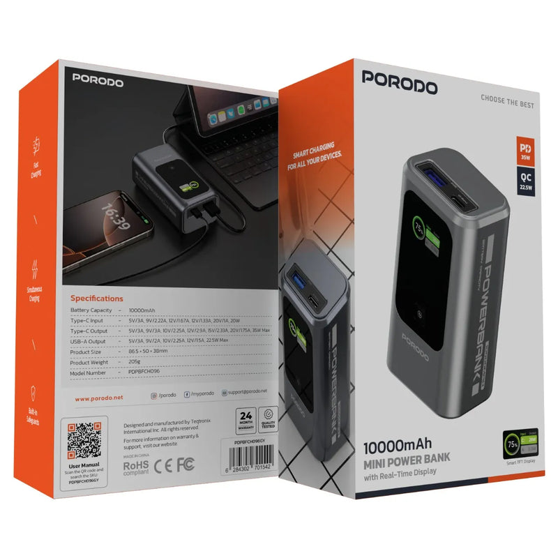 باور بانك 10000mAh بقدرة 35W مع شاشة TFT وشحن سريع – بورودو Porodo Power Bank Grey-1