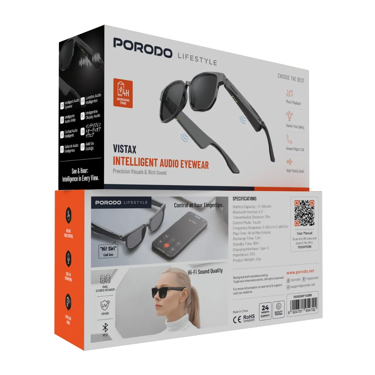Smart Audio Sunglasses with Bluetooth 5.3, UV400 Protection & Magnetic Charging – Porodo Vistax