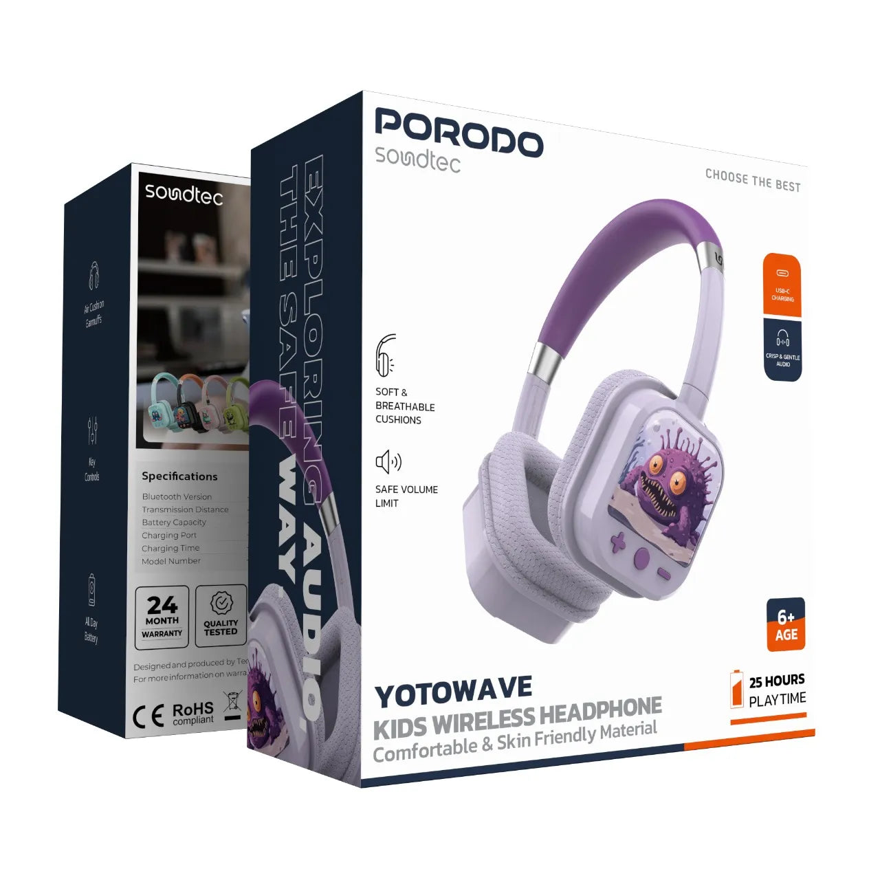 سماعة رأس لاسلكية للأطفال بورودو ساوندتيك YotoWave مع تحديد مستوى الصوت – ألوان متعددة