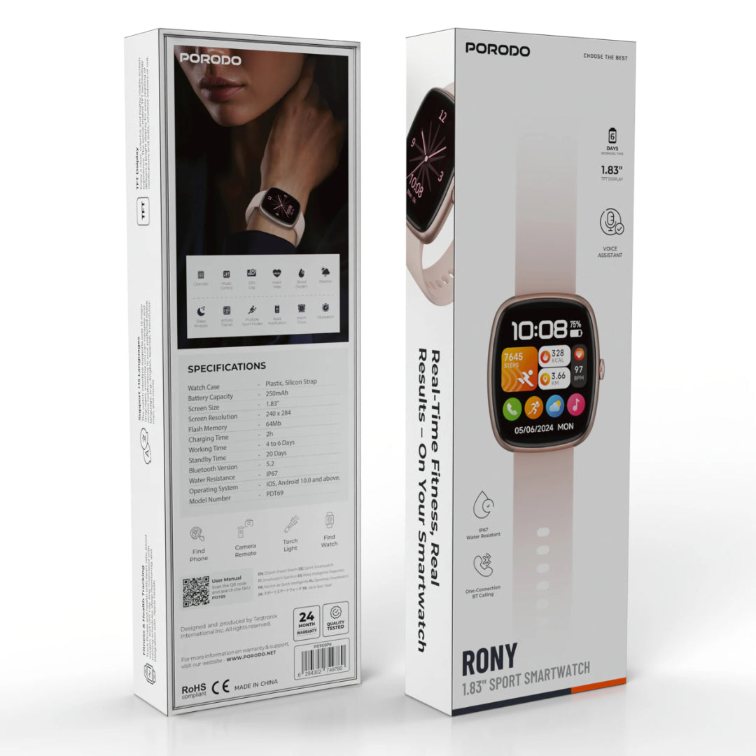 Porodo Rony Smartwatch 1.83" TFT Display – IP67 Waterproof, Bluetooth Calling