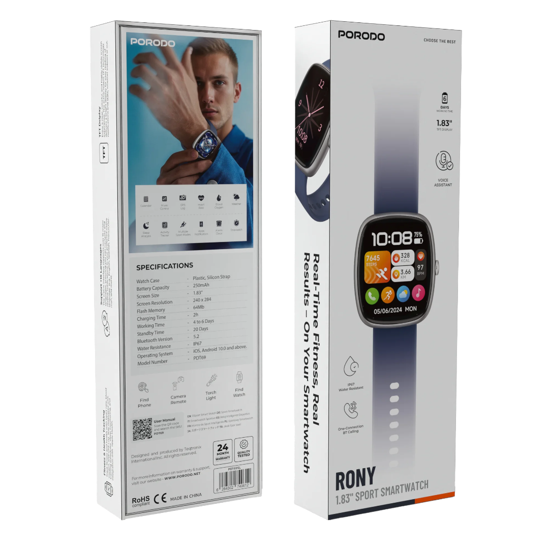 Porodo Rony Smartwatch 1.83" TFT Display – IP67 Waterproof, Bluetooth Calling