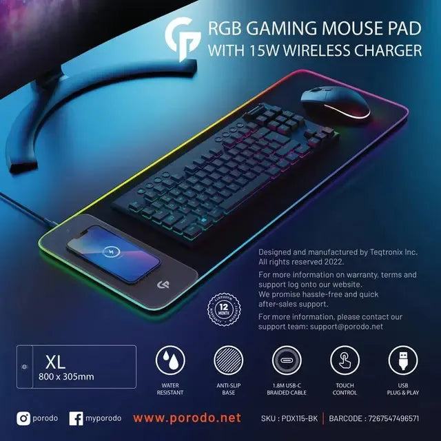 Porodo Gaming RGB Mouse Pad with 15W Wireless Charger – XL Black