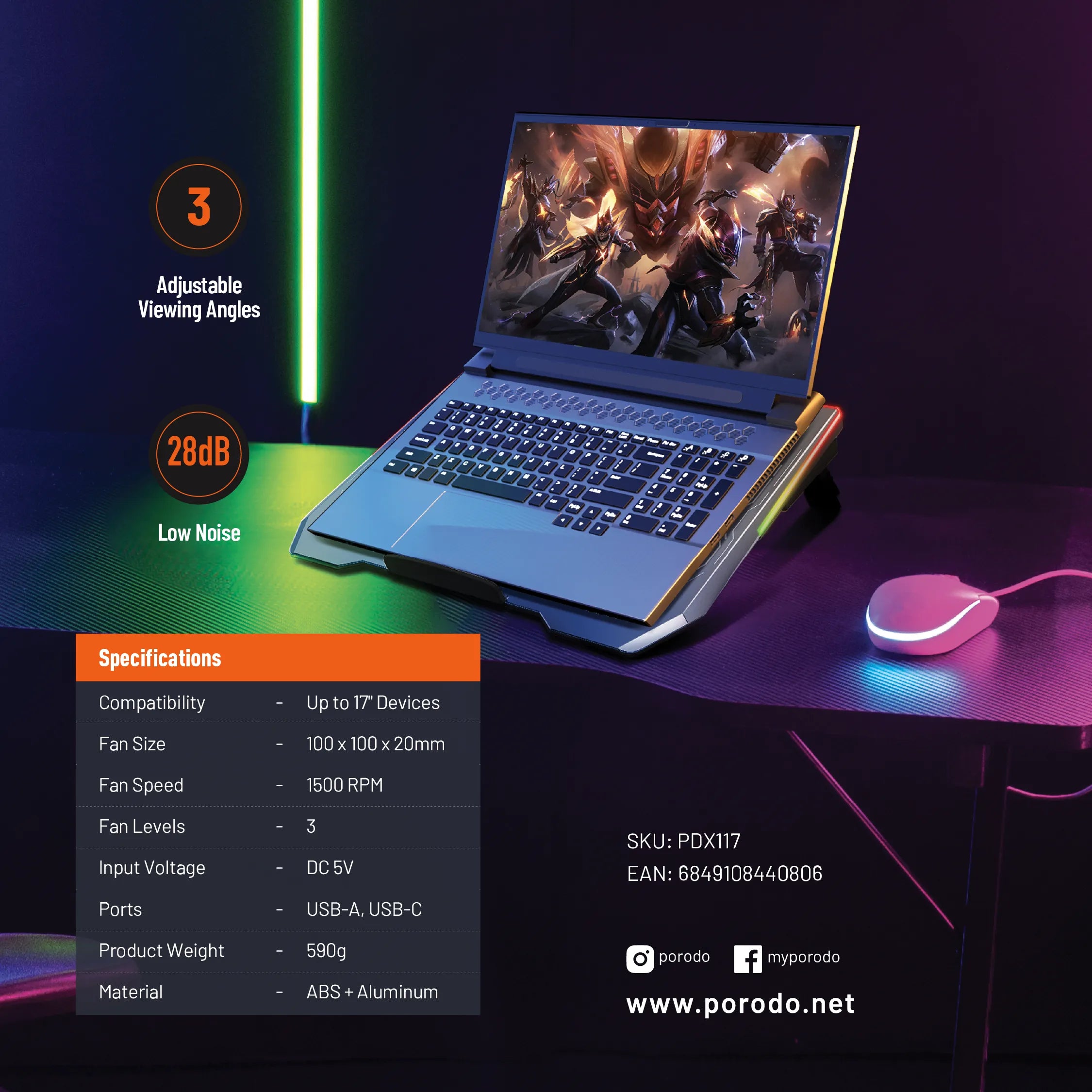 بورودو جيمينج قاعدة تبريد لابتوب متعددة المراوح مع إضاءة RGB
