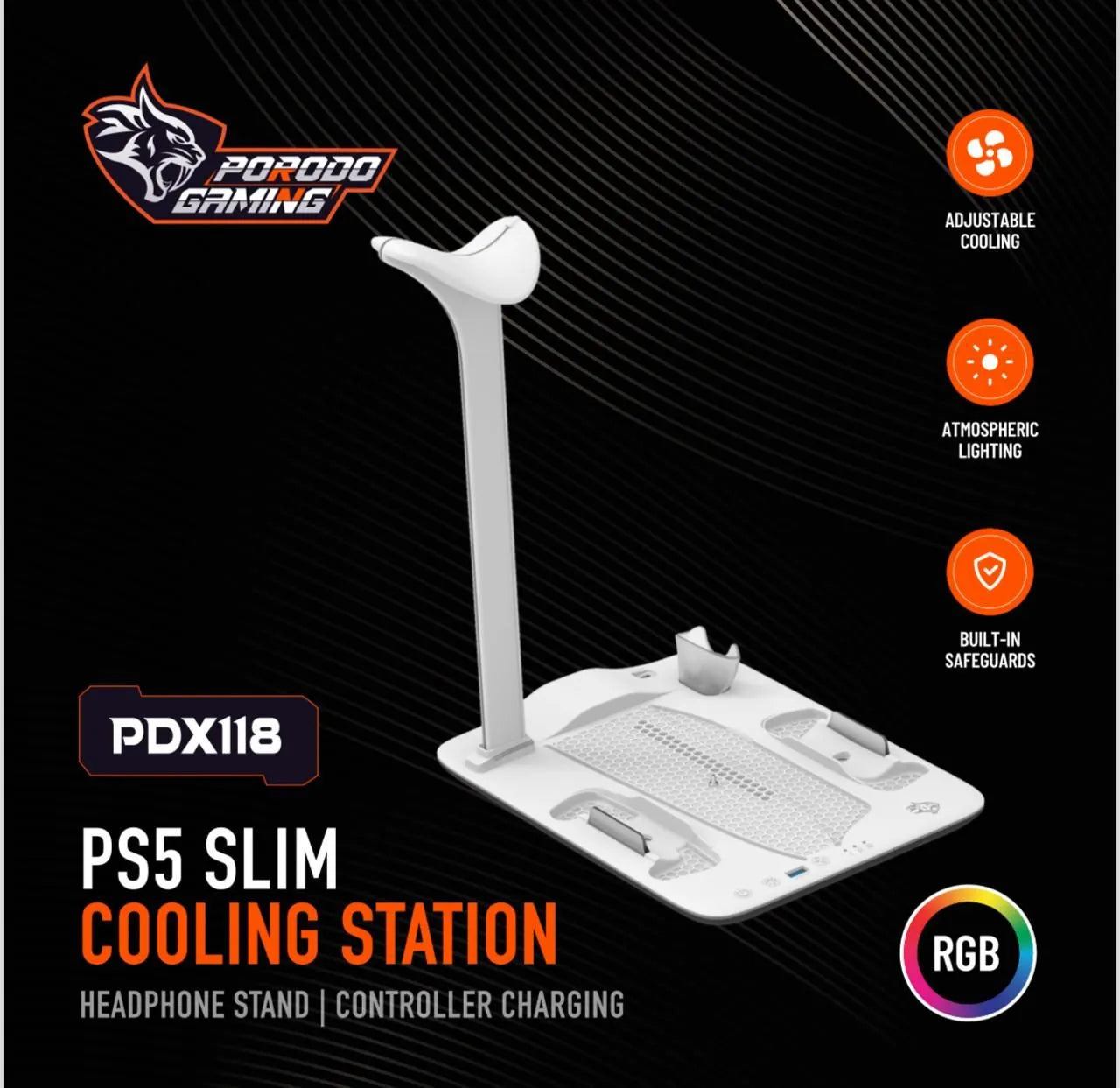 Porodo Gaming PDX118 PS5 Slim Cooling Station with RGB Lighting & Controller Charging