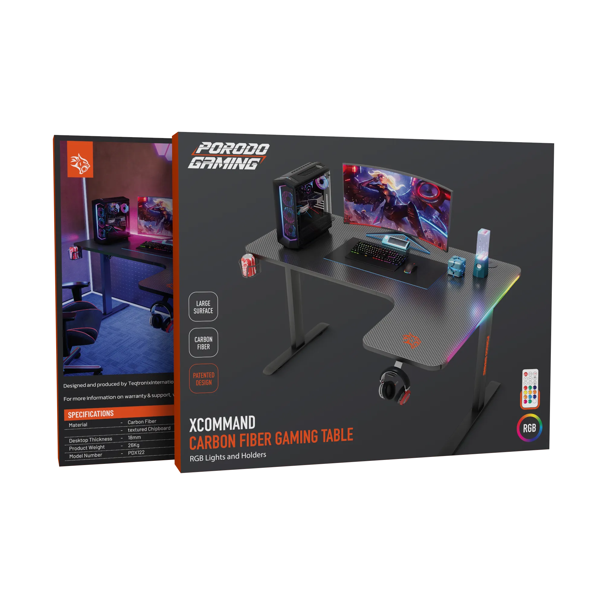 Porodo Gaming RGB Table with Holders – Carbon Fiber Gaming Desk