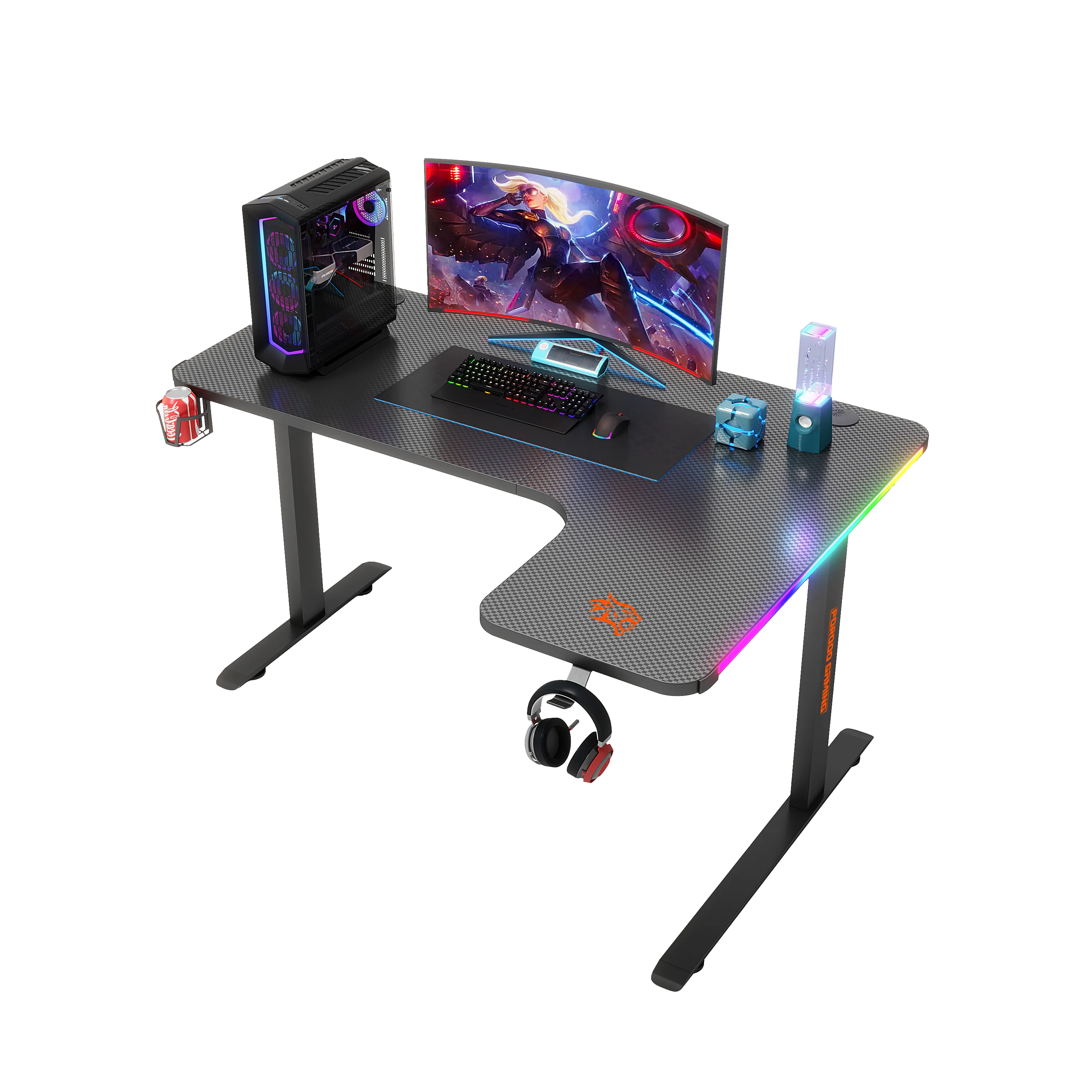مكتب جيمينج RGB بسطح كاربون فايبر مع حاملات – بورودو Porodo Gaming