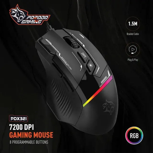 ماوس جيمينج سلكي RGB بدقة 7200 DPI مع 8 أزرار قابلة للبرمجة – بورودو Porodo Gaming