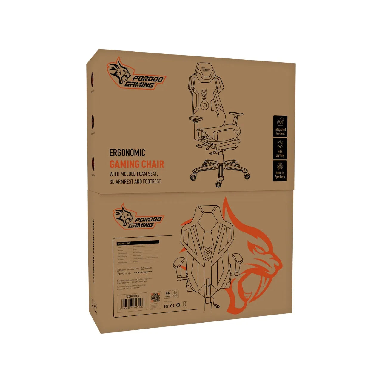 Ergonomic Gaming Chair with Molded Foam, 3D Armrests & Footrest – Porodo – Black & Orange