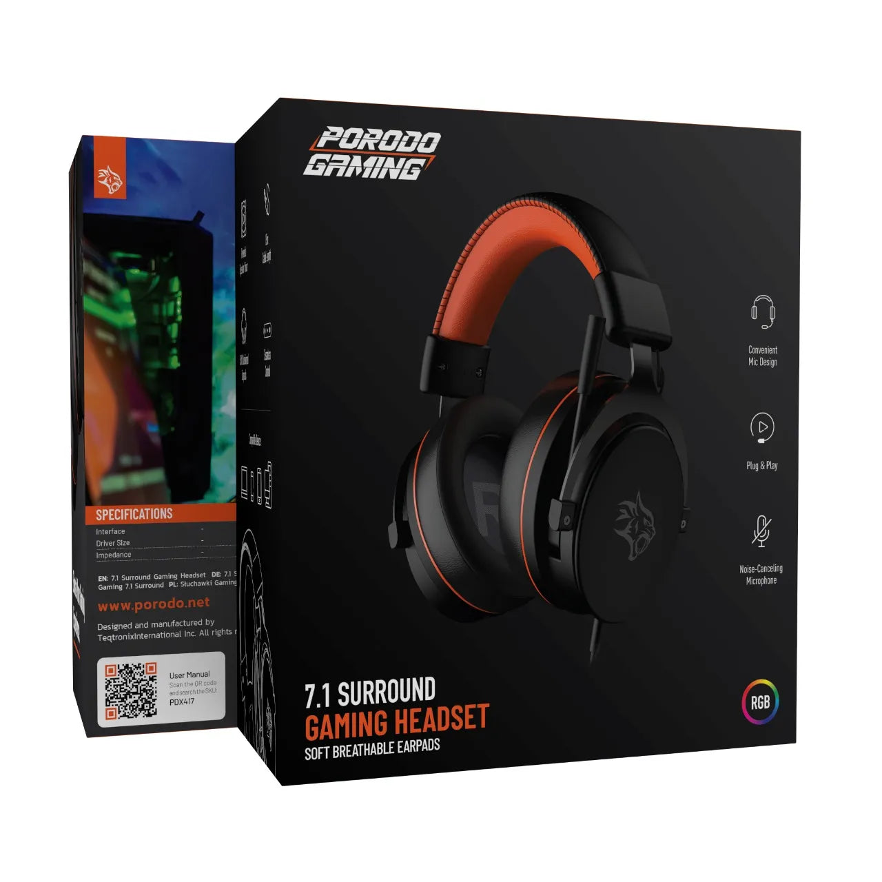 Porodo Gaming 7.1 Surround RGB Headset Noise Cancelling Mic USB Black