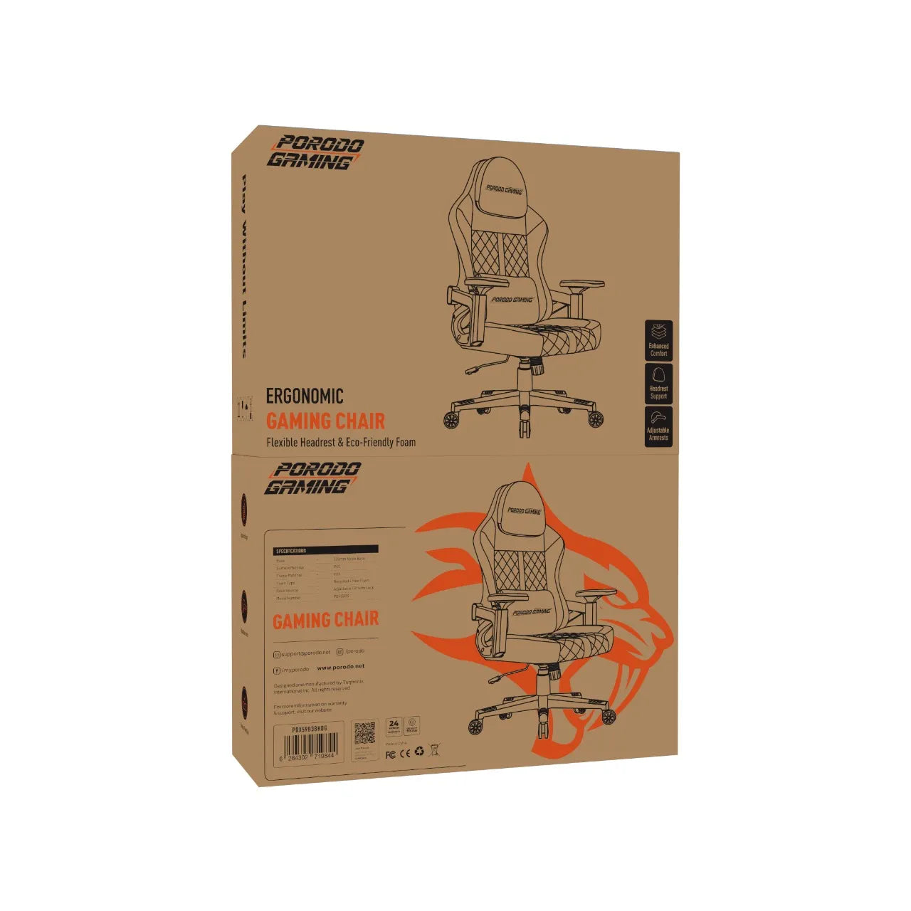 Porodo Gaming Chair Recycle Foam + New Foam - Black & Orange