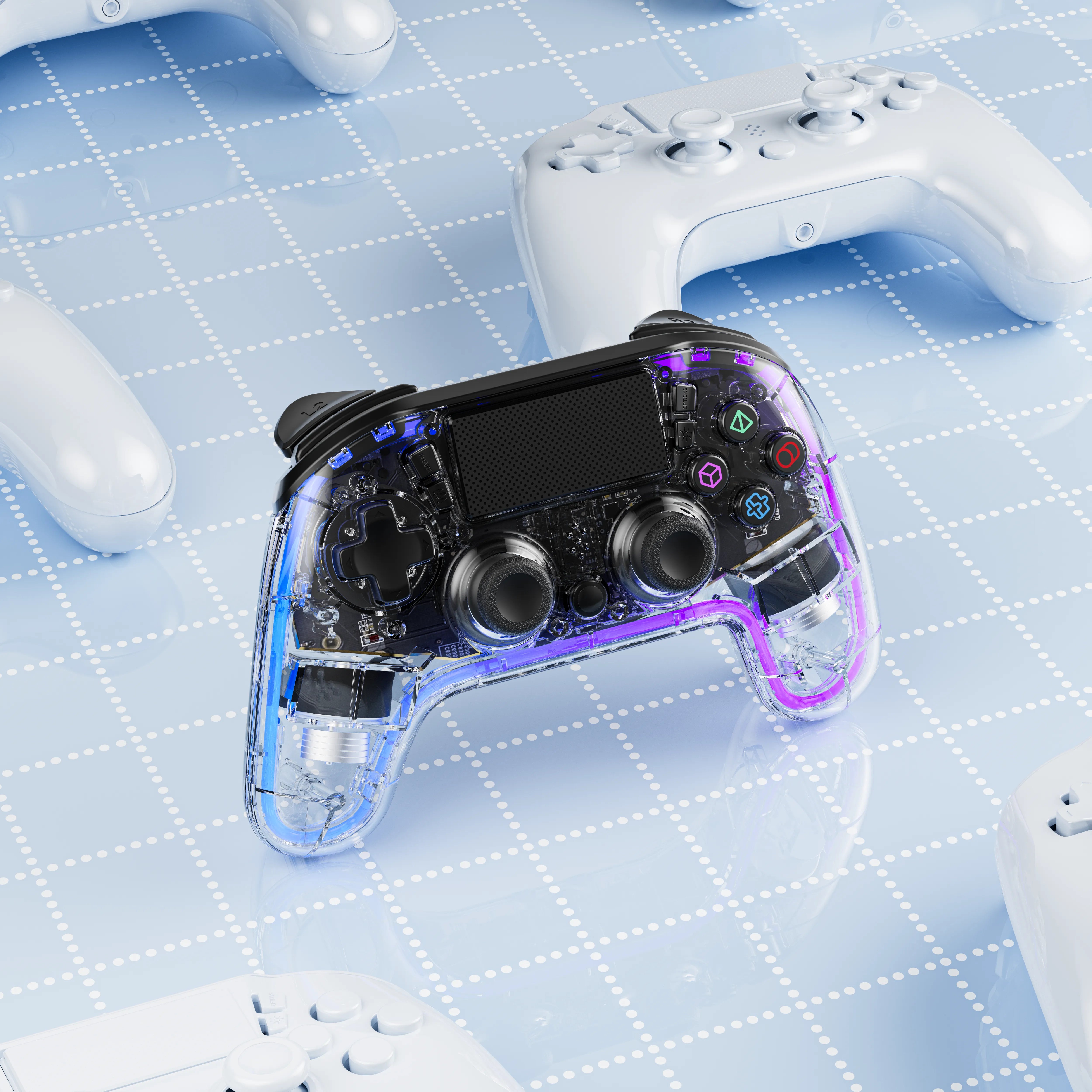 يد تحكم ألعاب PS4 شفافة بإضاءة RGB واتصال بلوتوث – بورودو